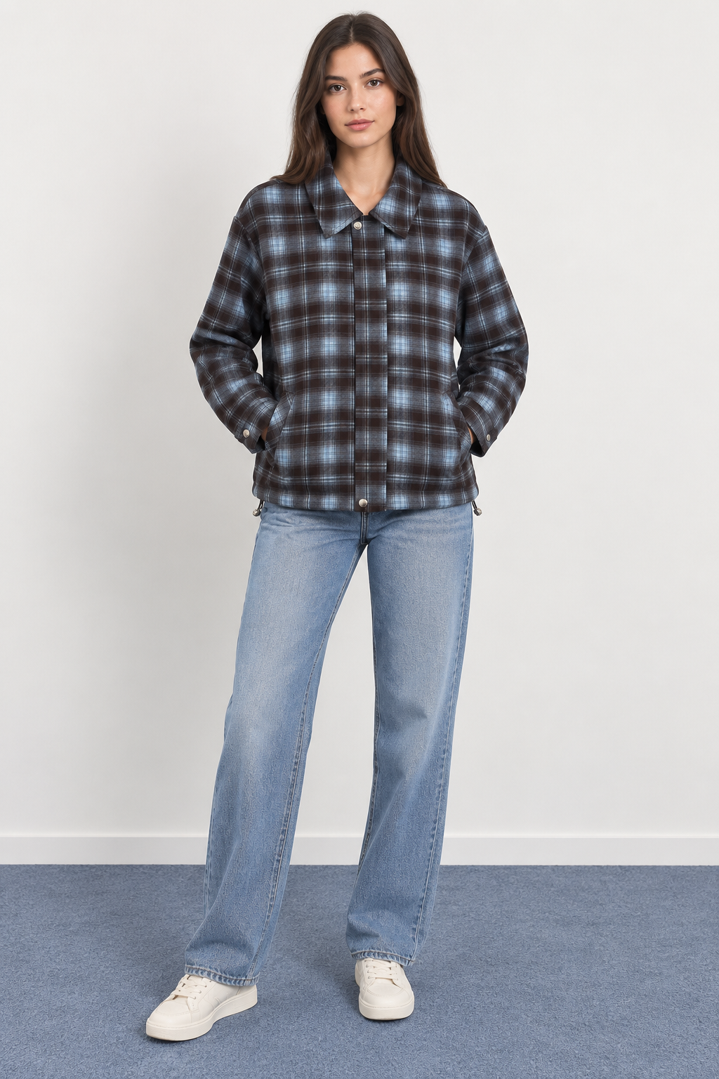 Short Plaid Wool Jacket with Drawstrings - 32257