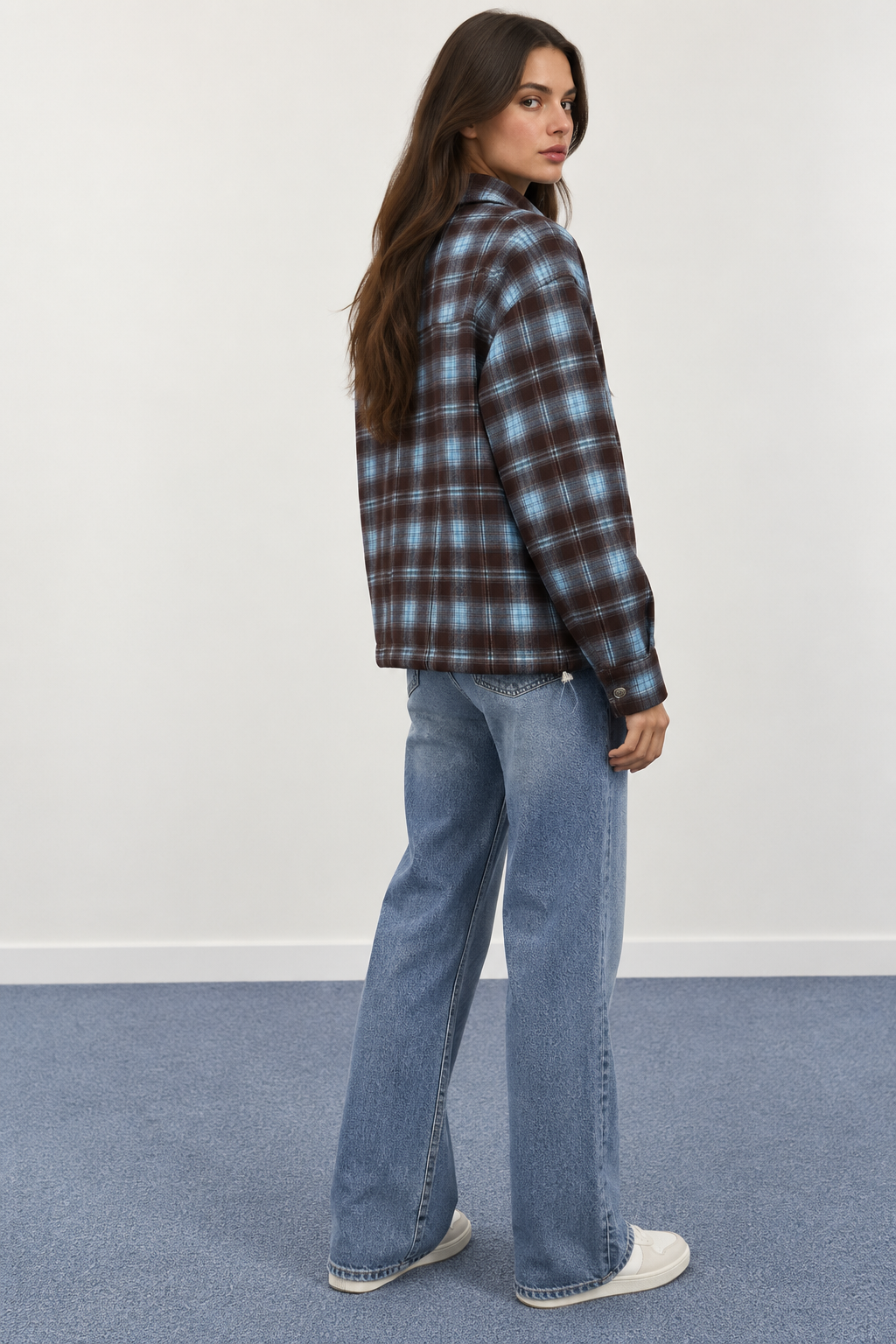 Short Plaid Wool Jacket with Drawstrings - 32257