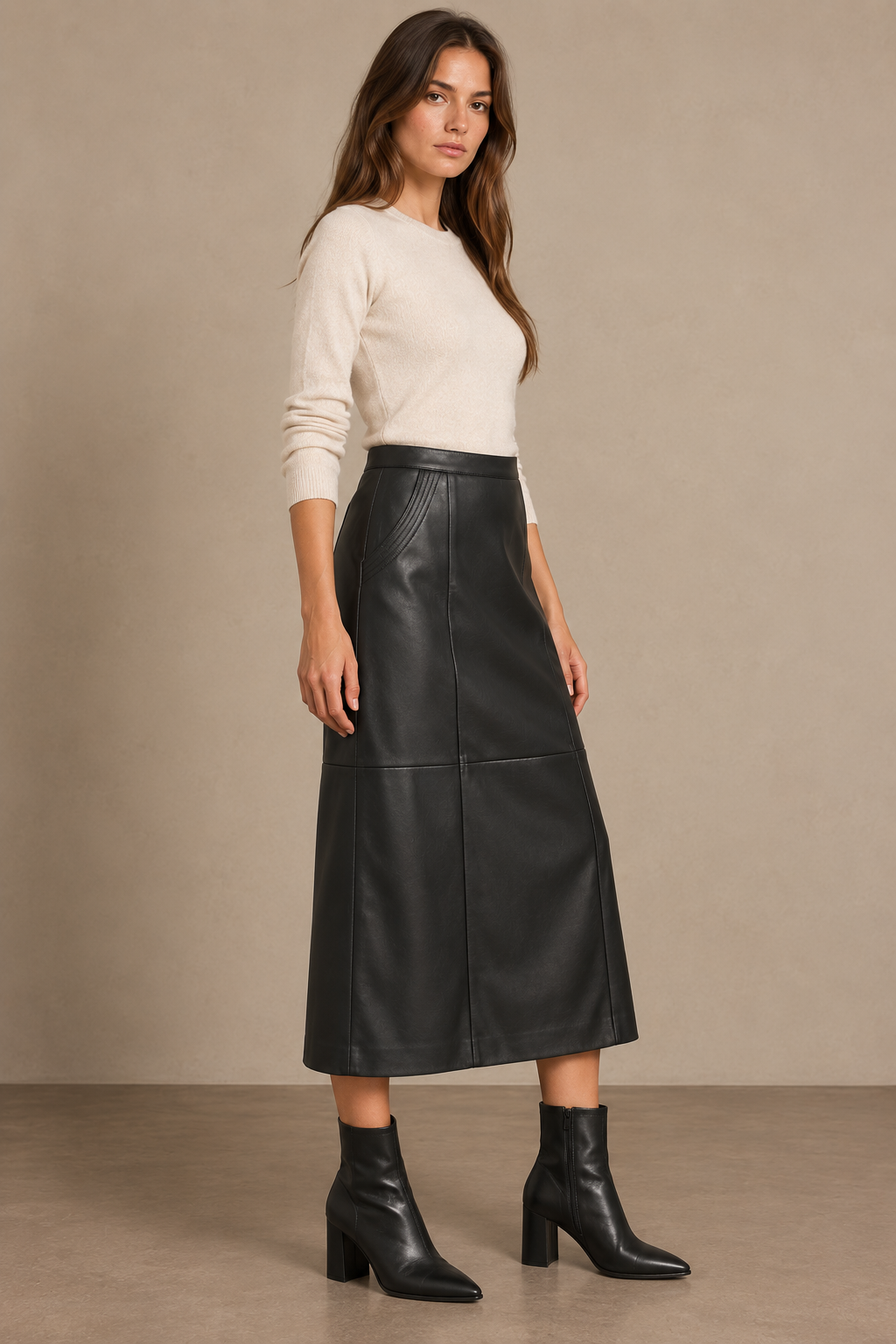 Jupe Longue en Similicuir avec Boutons Pression au Dos - 32258
