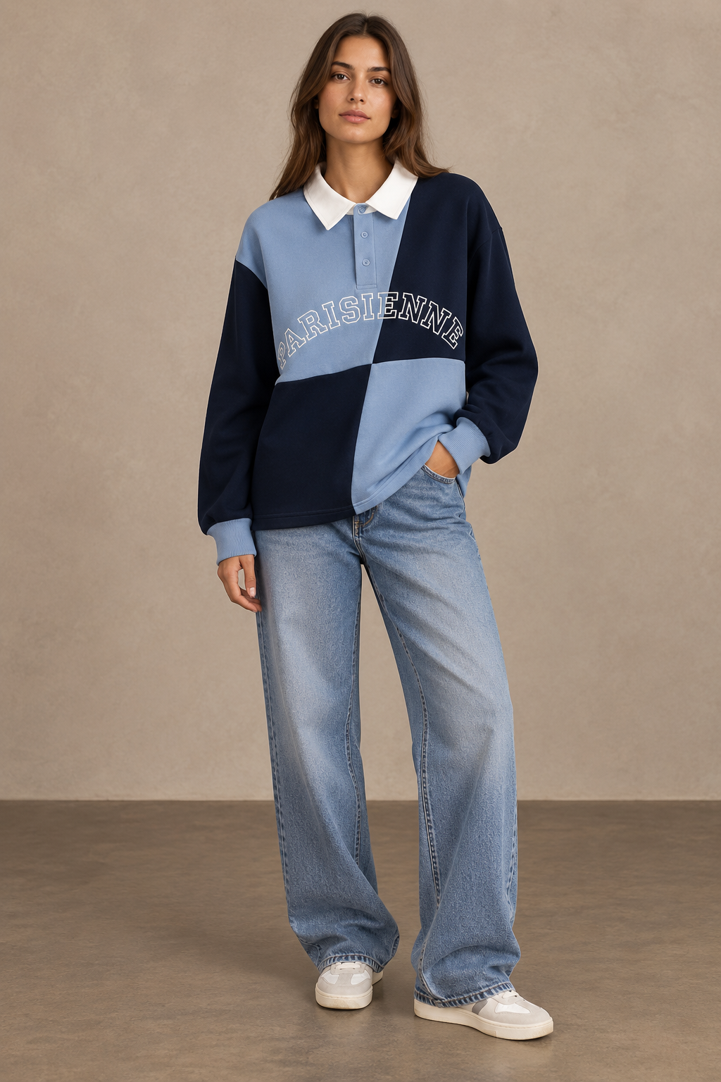 Two-Tone Color Block Oversized Parisian Polo Sweatshirt - 32262