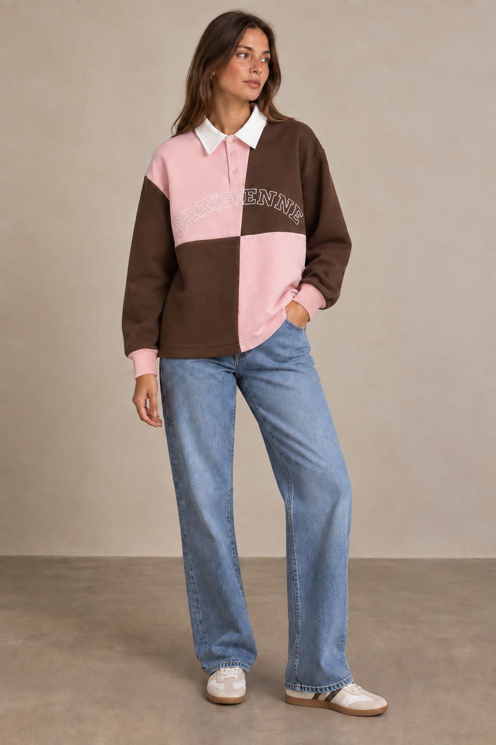 Two-Tone Color Block Oversized Parisian Polo Sweatshirt - 32262