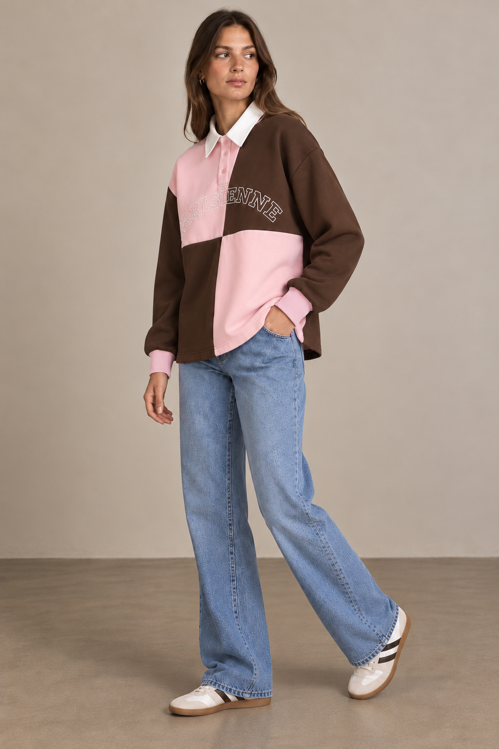 Two-Tone Color Block Oversized Parisian Polo Sweatshirt - 32262