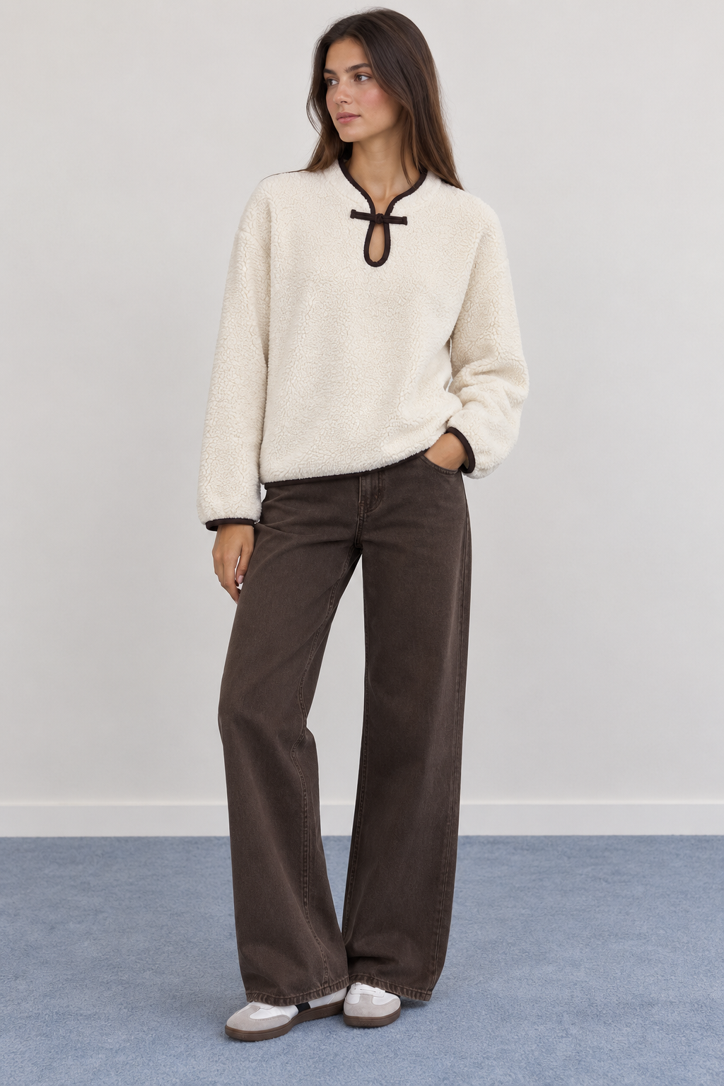 Fleece Sweatshirt with Open Collar and Contrast Bow - 32263
