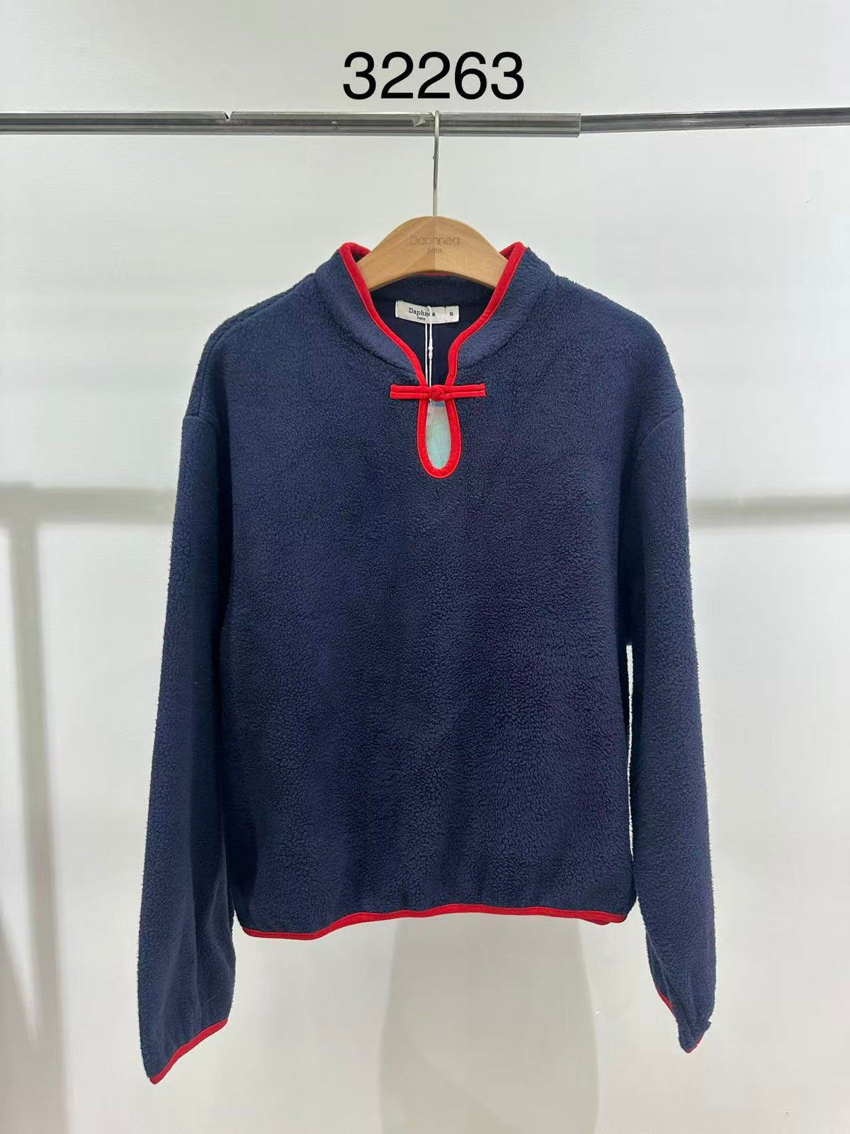 Fleece Sweatshirt with Open Collar and Contrast Bow - 32263