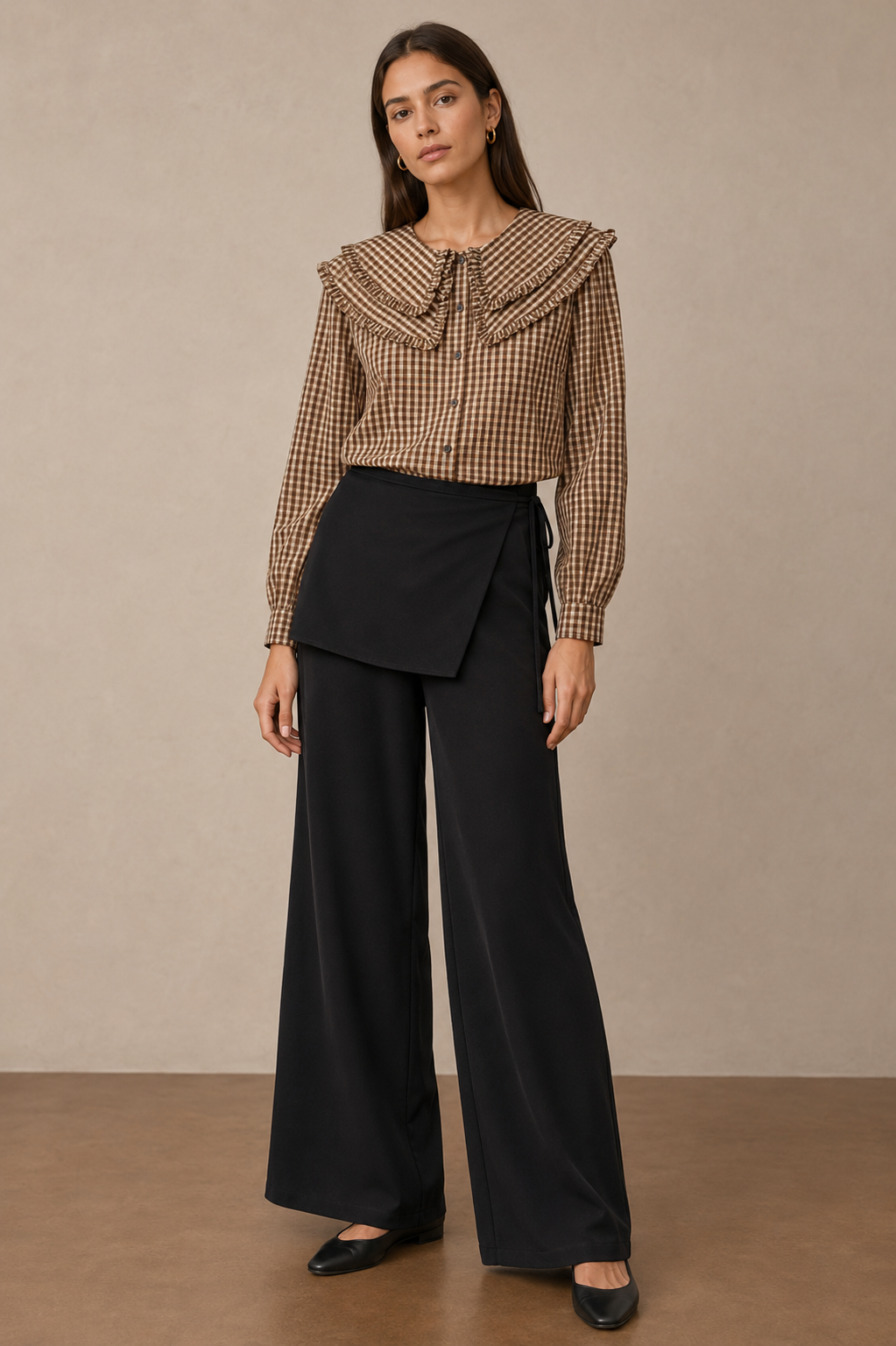 Blusa de Cuadros para Mujer con Cuello Claudine Grande y Volantes -32252