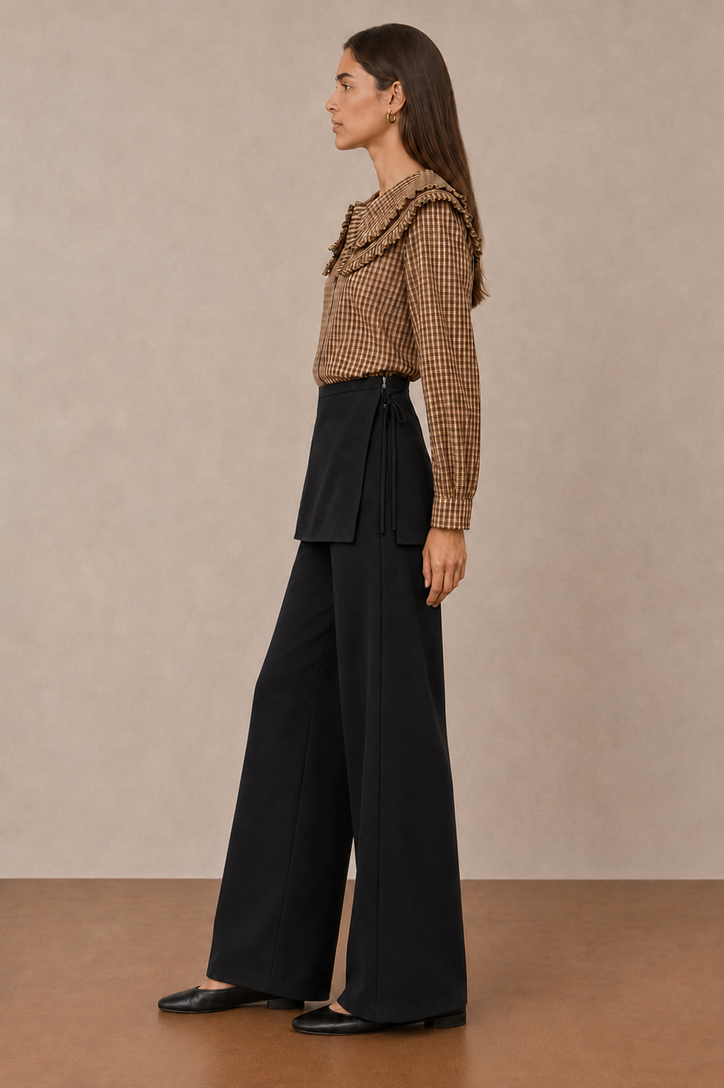 Blusa de Cuadros para Mujer con Cuello Claudine Grande y Volantes -32252