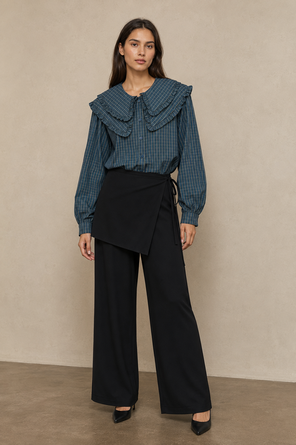 Women's Wide-Leg Trousers with Integrated Wrap Skirt - 32266