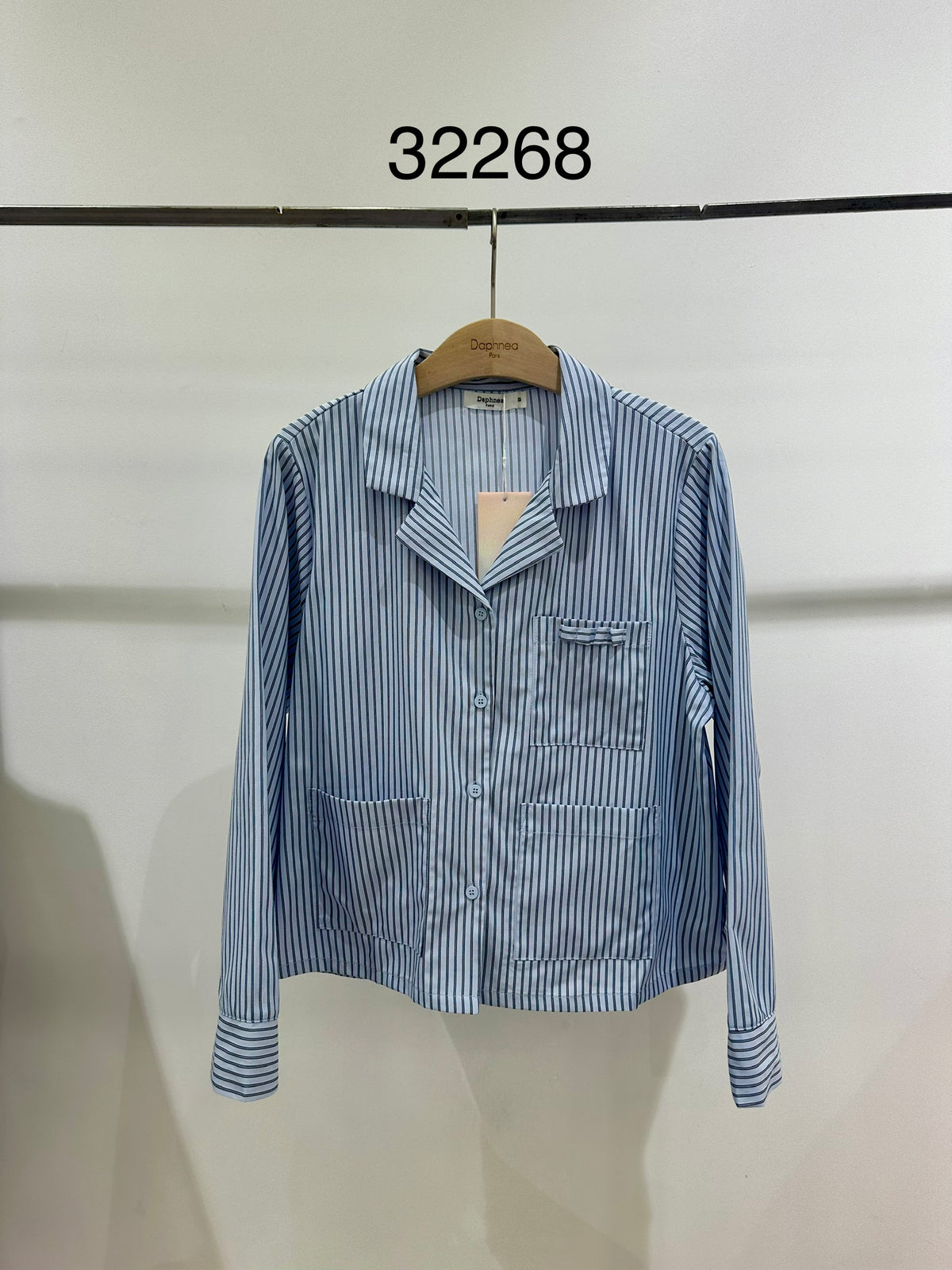 Camisa de trabajo de rayas con bolsillos de parche - 32268