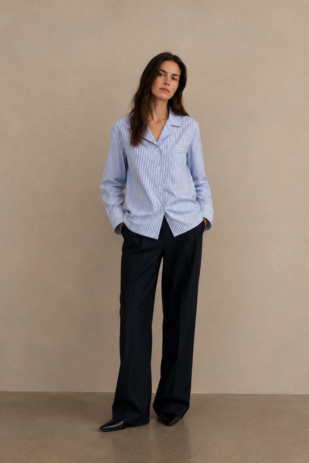 Camisa de trabajo de rayas con bolsillos de parche - 32268