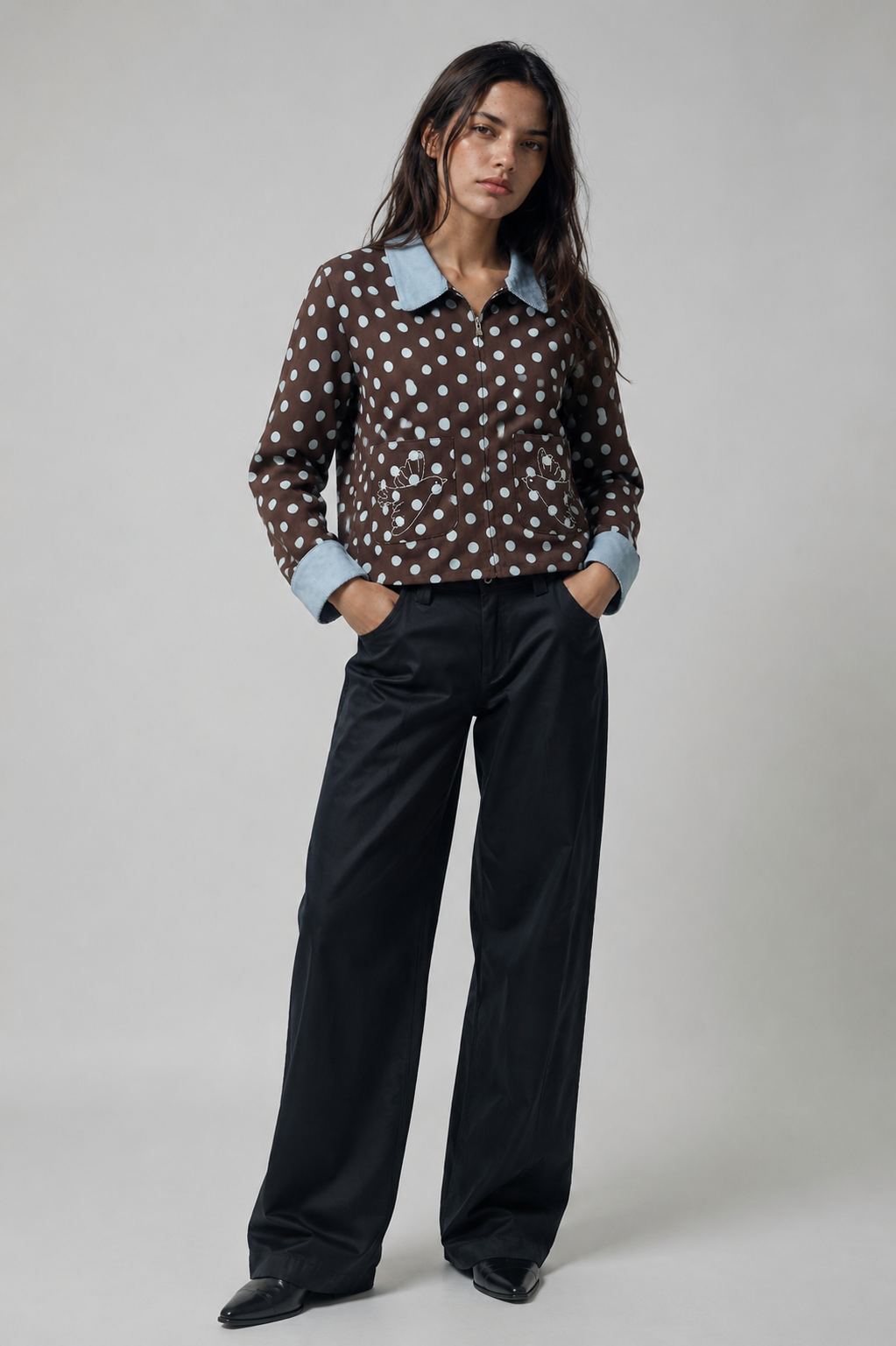 Chaqueta de lunares con bolsillos bordados de pájaros - 32269