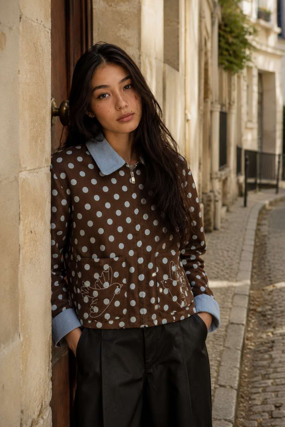 Chaqueta de lunares con bolsillos bordados de pájaros - 32269