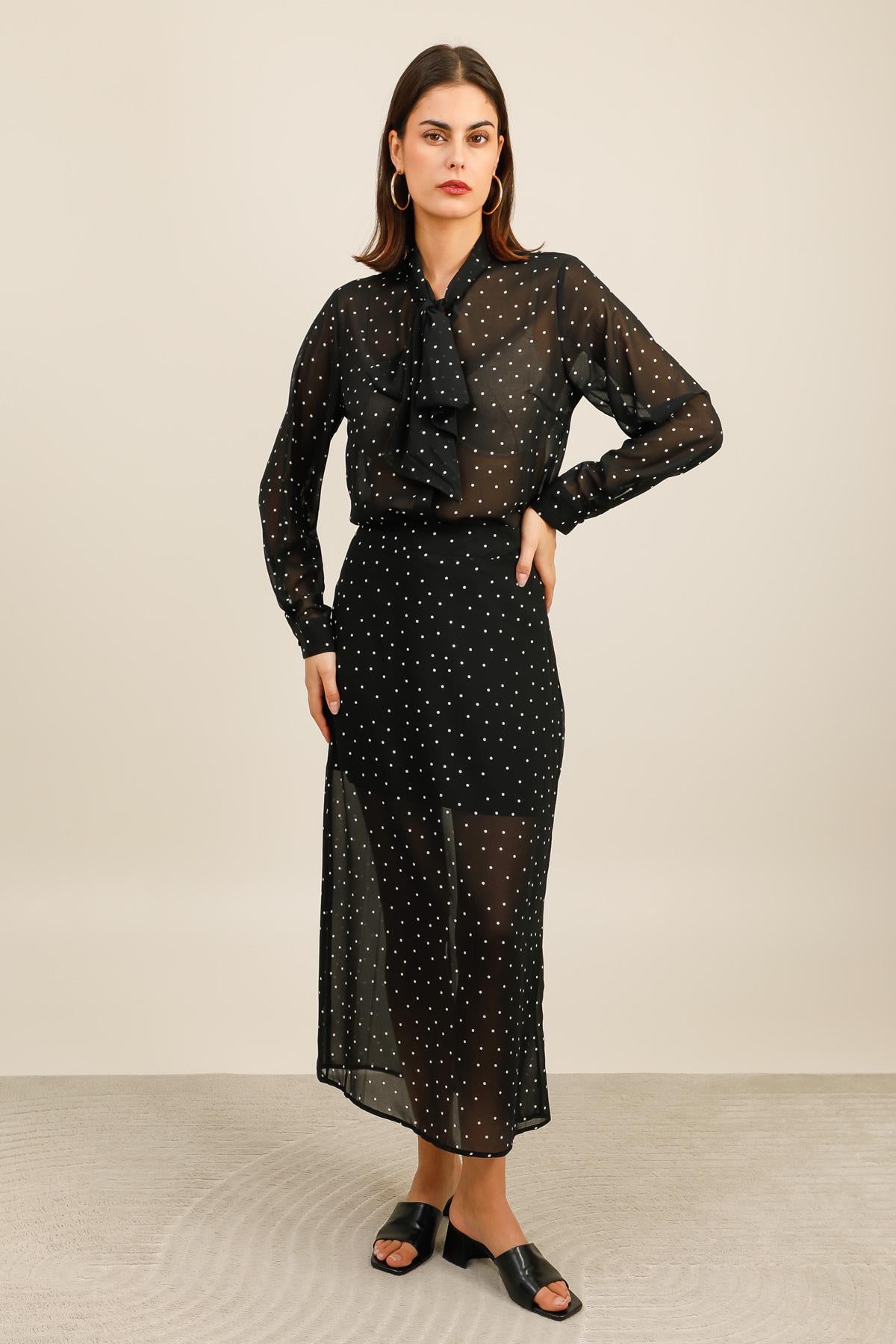 Jupe midi transparente à pois avec doublure et fente - 5966