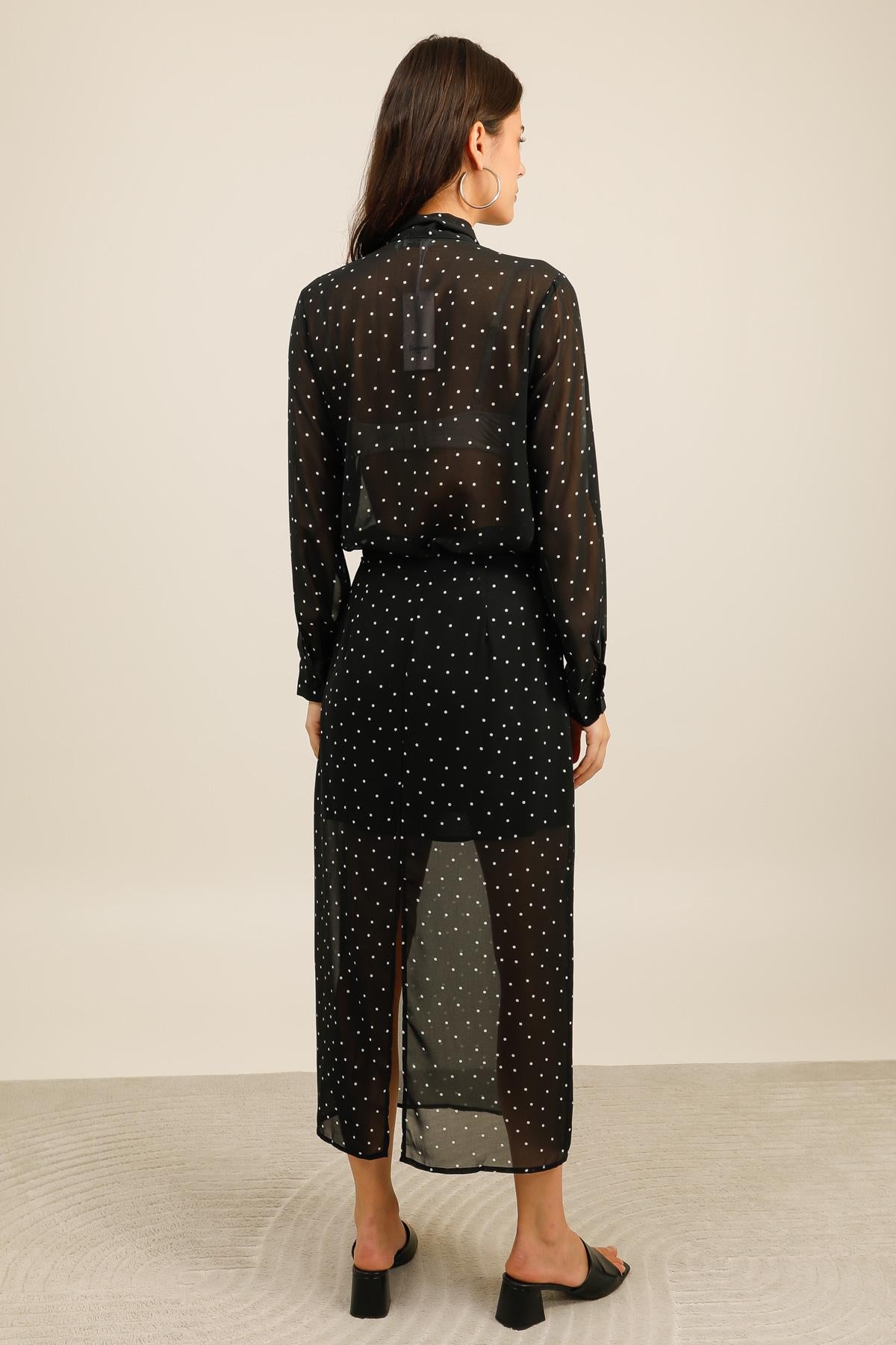 Jupe midi transparente à pois avec doublure et fente - 5966
