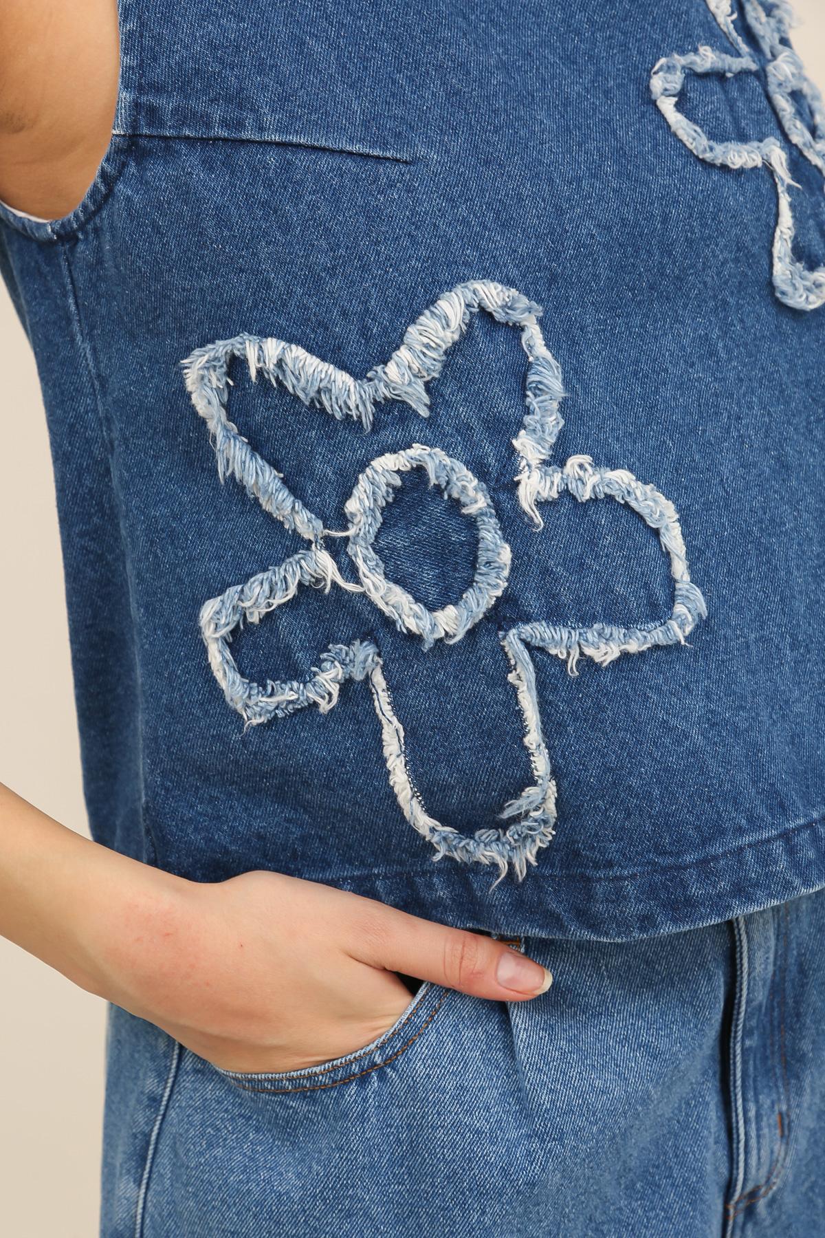5986 Top denim à fleurs