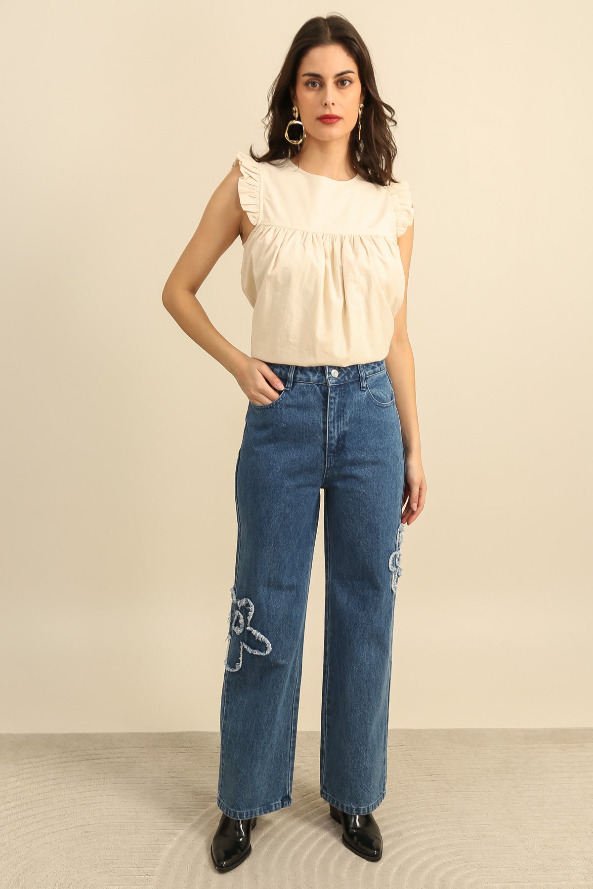 5987 Pantalon denim à fleurs
