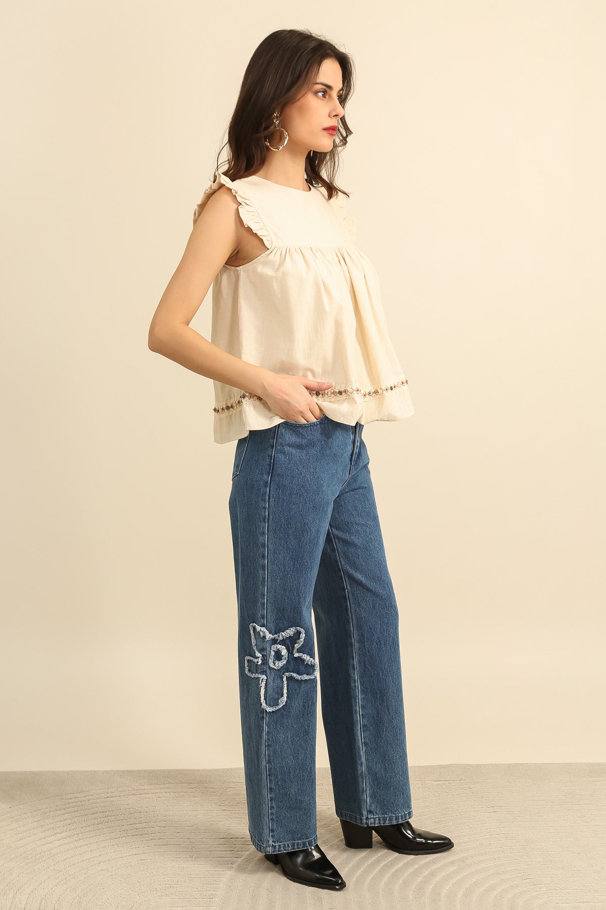 5987 Pantalon denim à fleurs