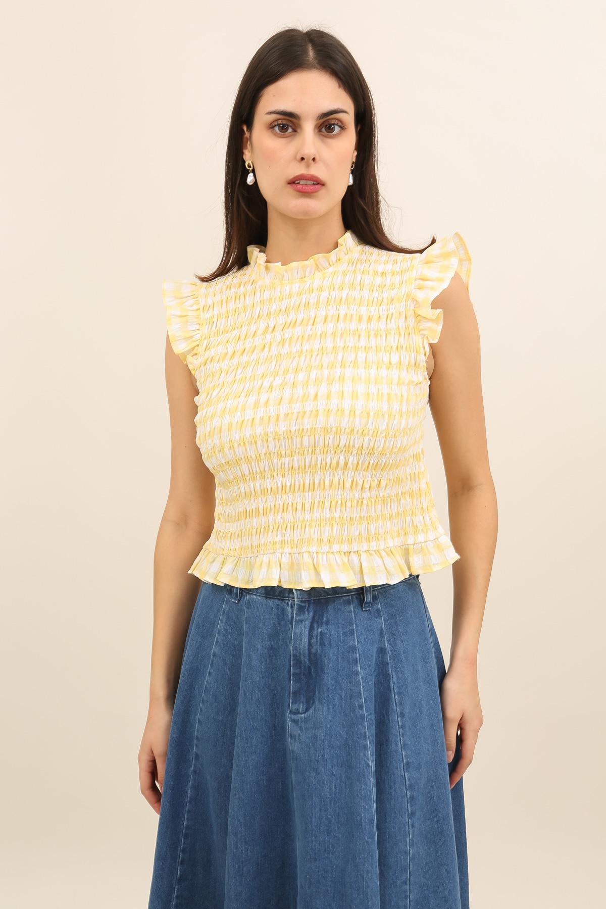 6073 Top smock con volantes de cuadros vichy