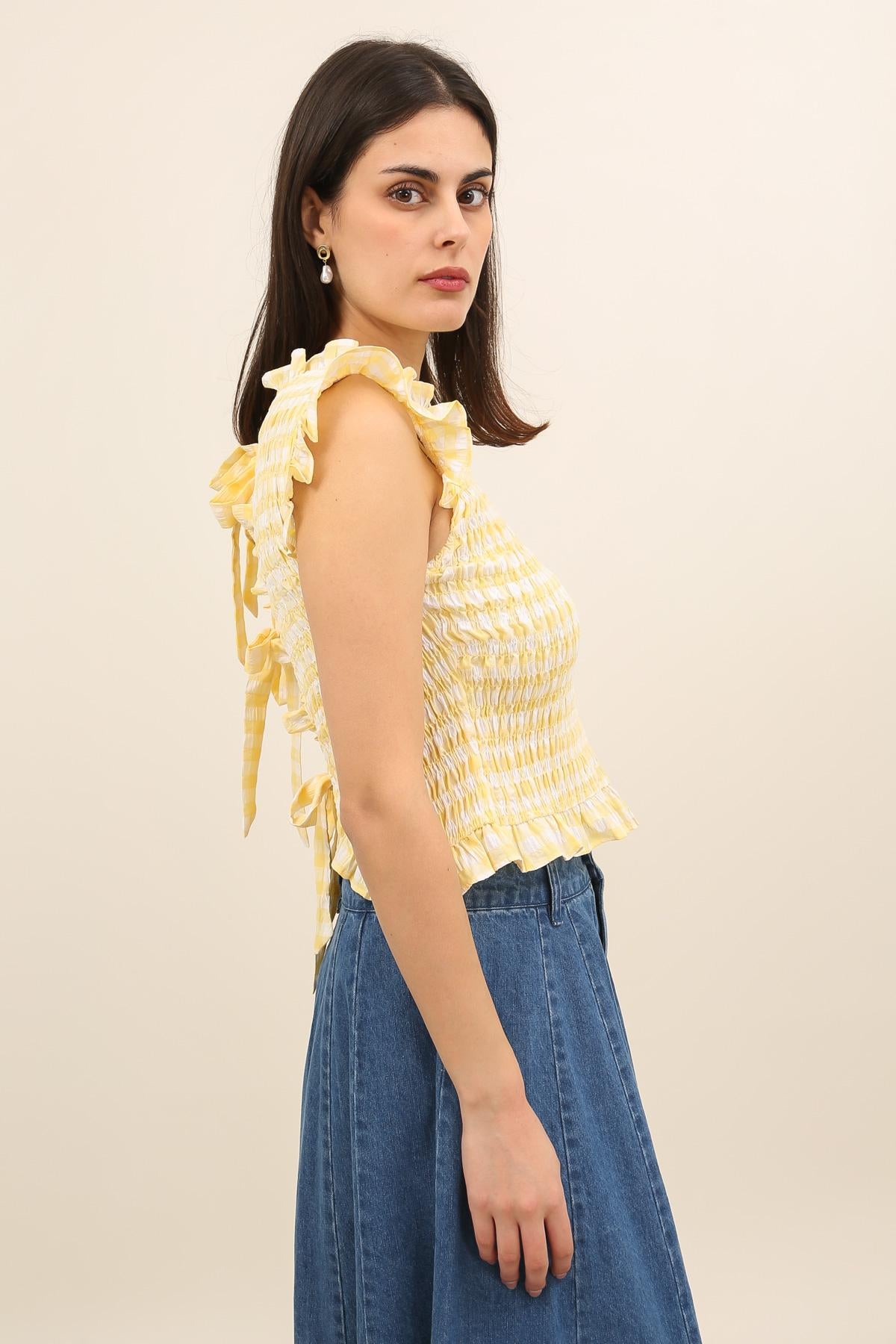6073 Top smock con volantes de cuadros vichy
