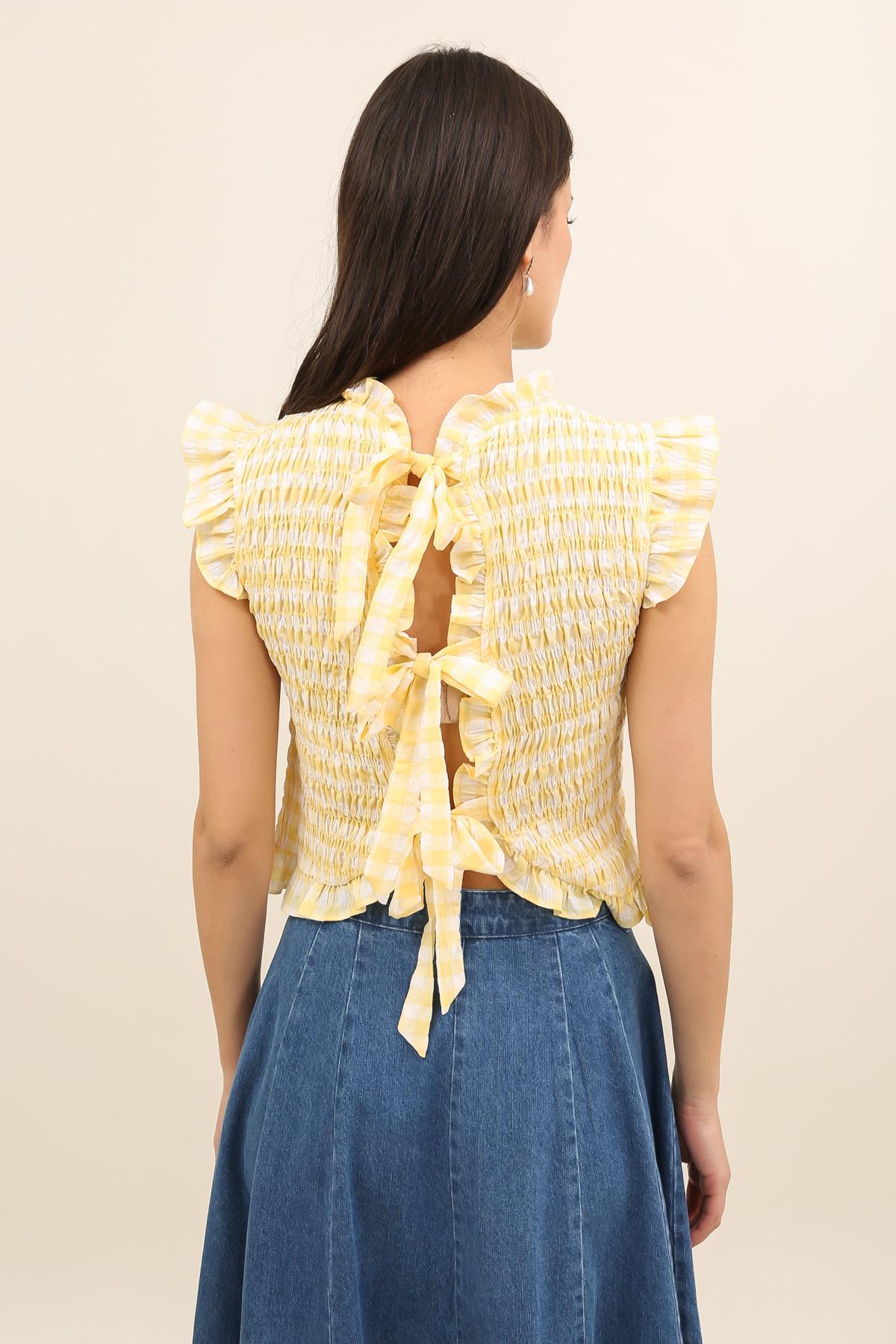 6073 Top smock con volantes de cuadros vichy