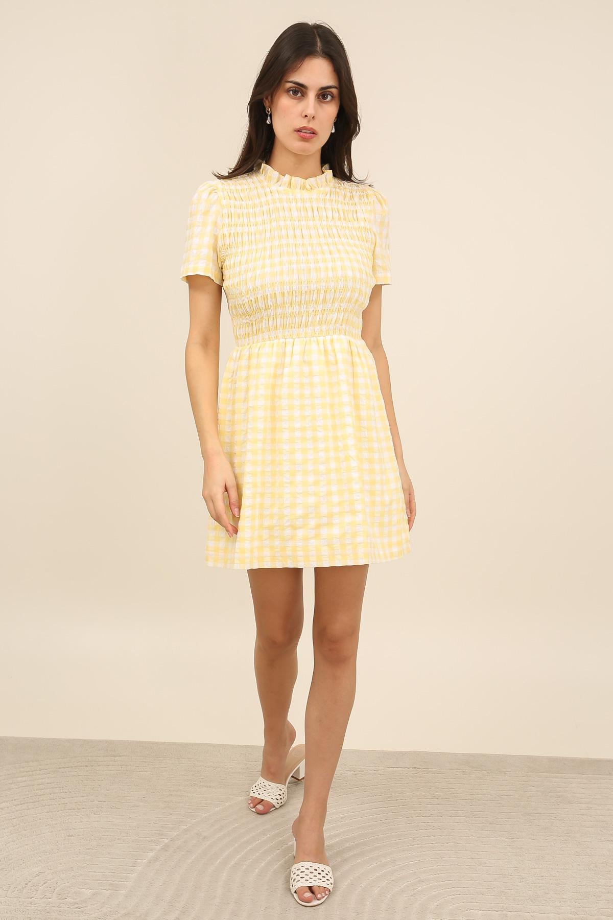 6075 Gingham smocked ruffle short dress