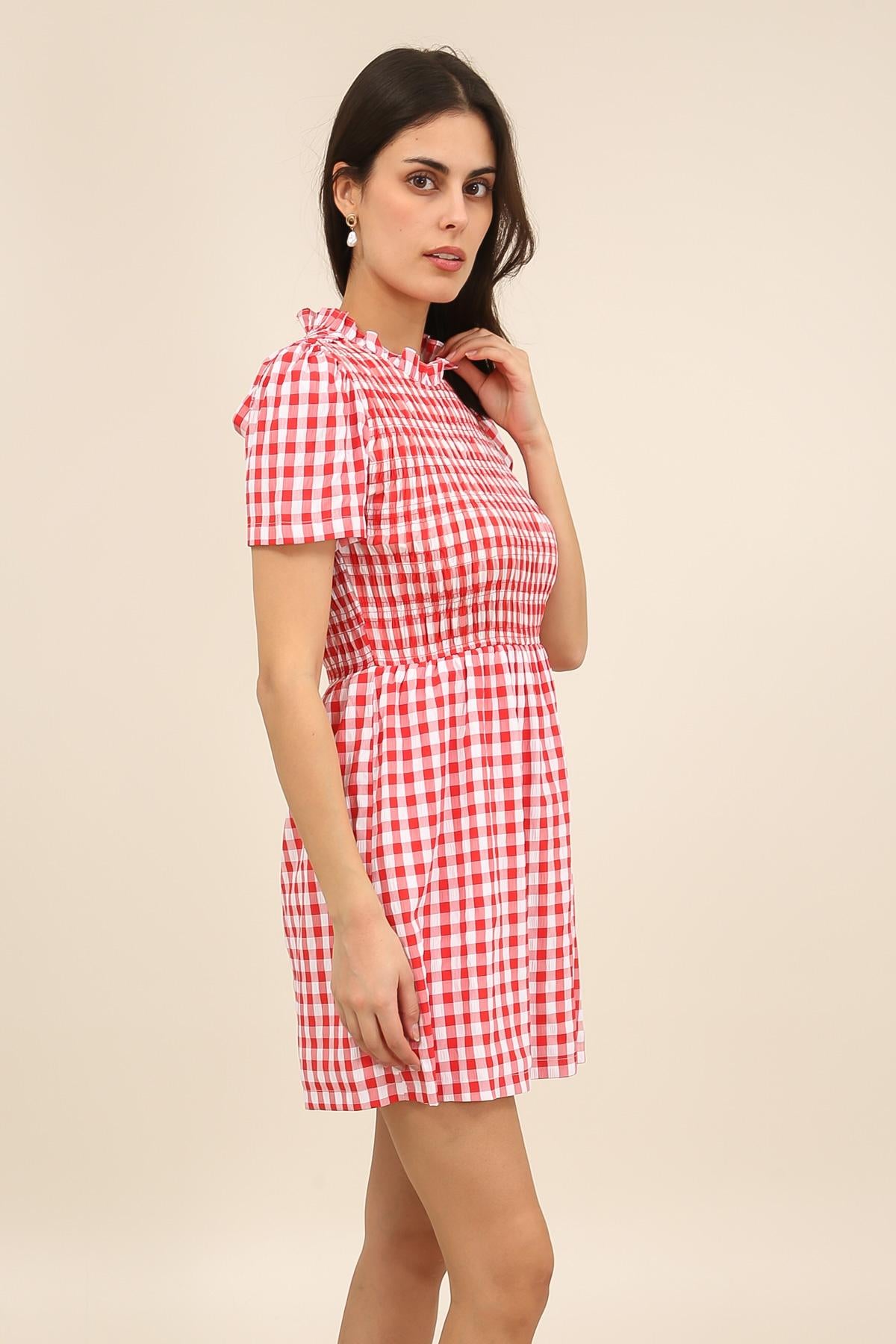 6075 Gingham smocked ruffle short dress