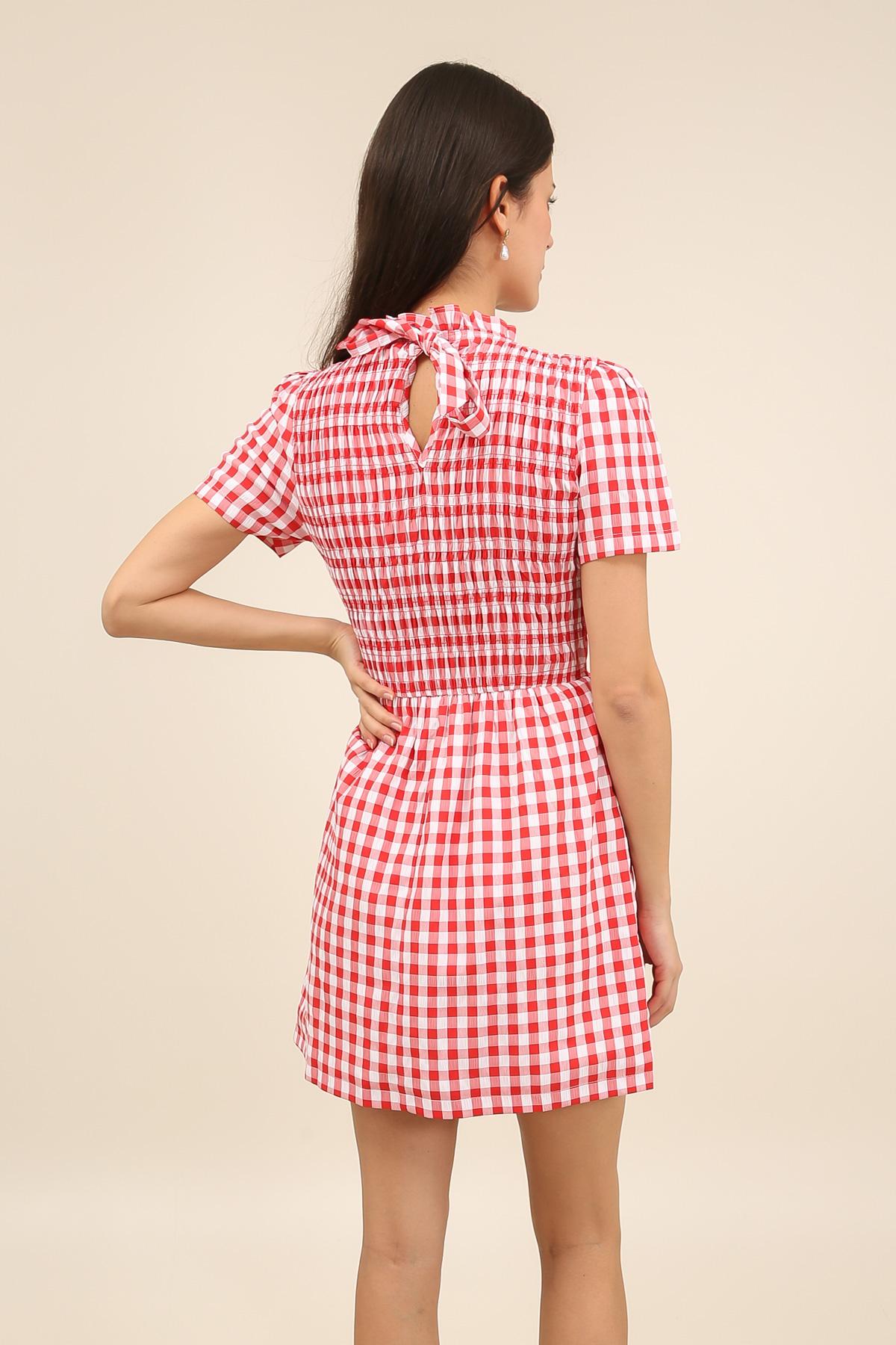 6075 Gingham smocked ruffle short dress