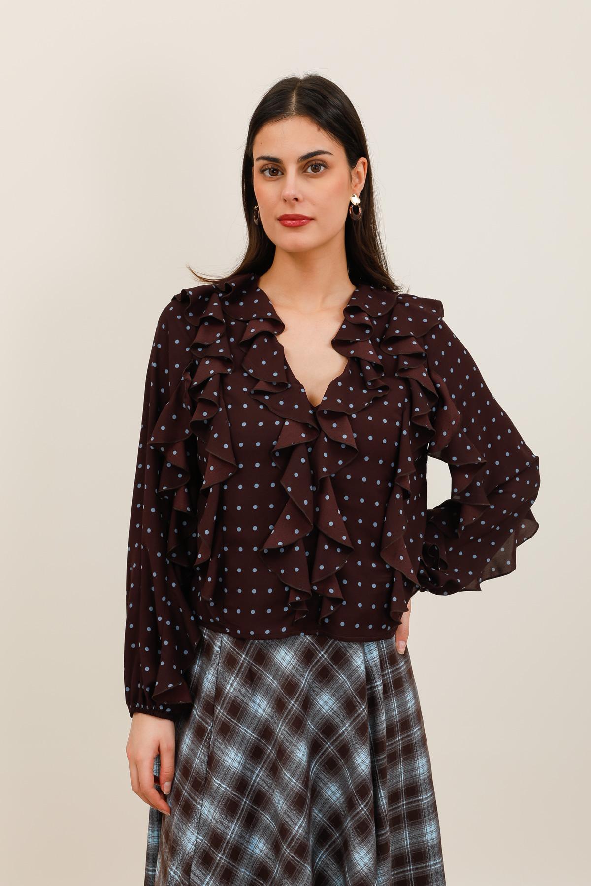 Blouse Femme à Pois avec Volants et Décolleté V - 6088