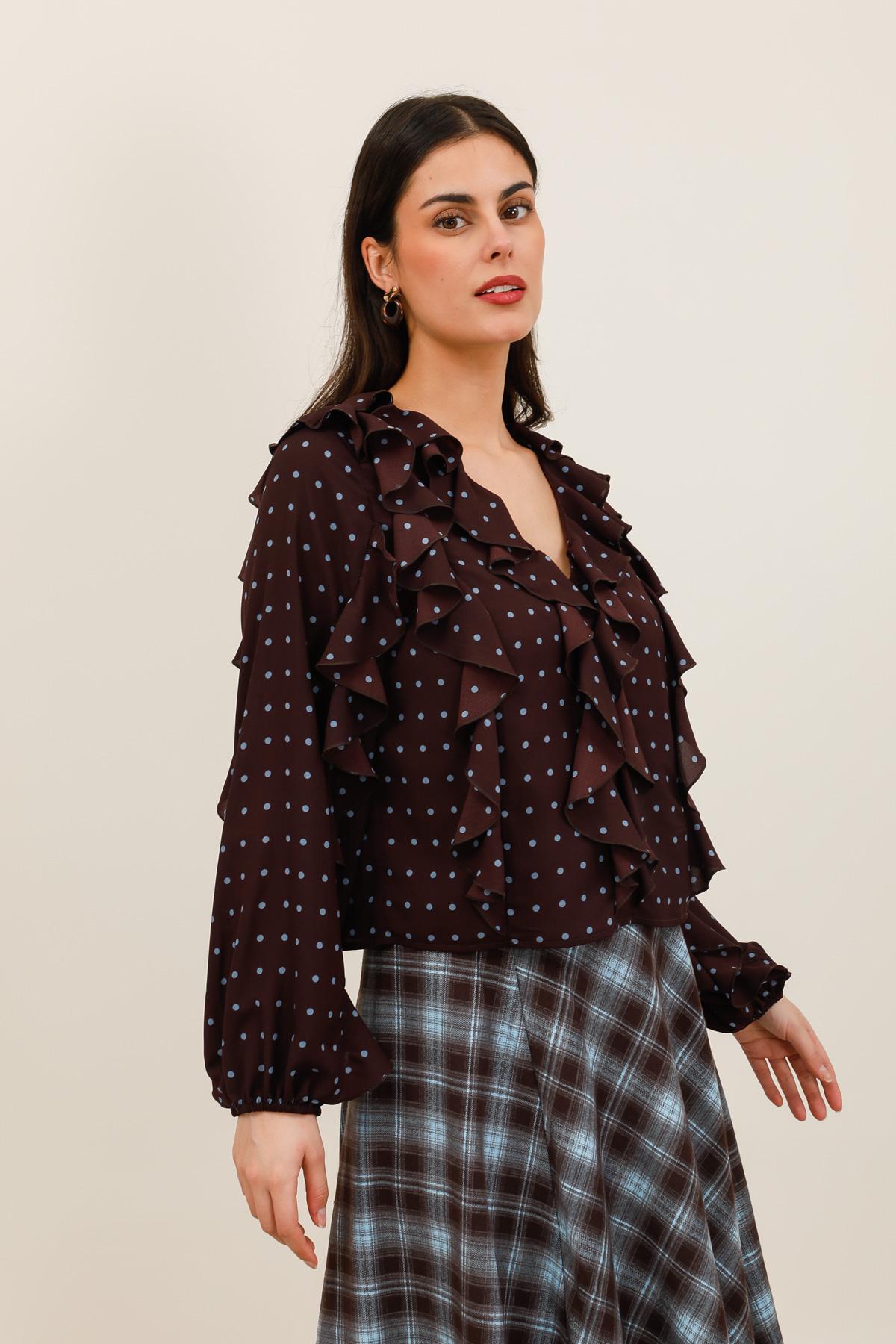 Blouse Femme à Pois avec Volants et Décolleté V - 6088