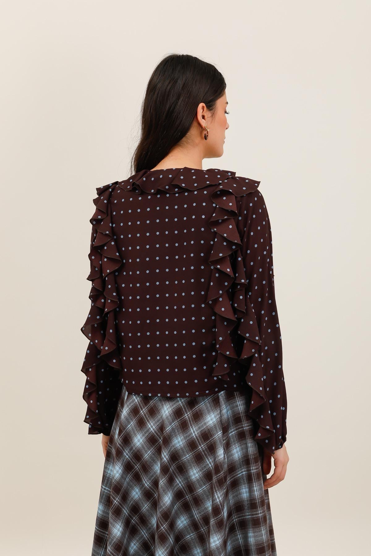 Blouse Femme à Pois avec Volants et Décolleté V - 6088
