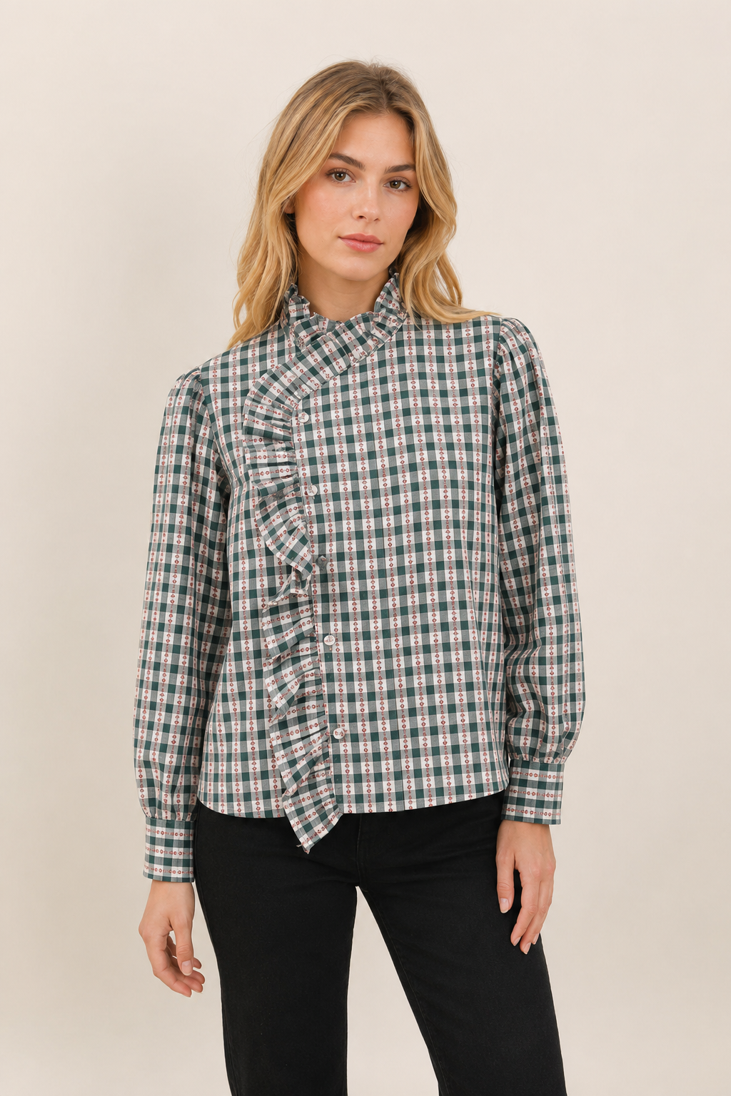 Blusa a Cuadros con Tapeta Asimétrica y Volante - 6093