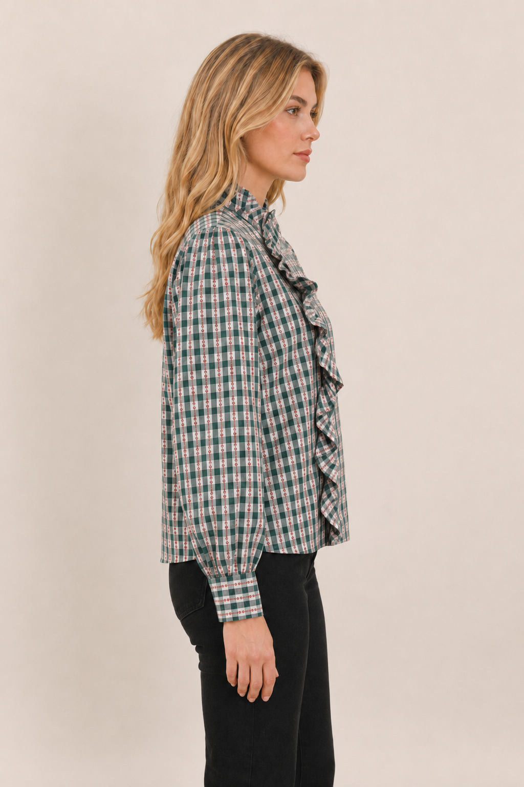 Blusa a Cuadros con Tapeta Asimétrica y Volante - 6093