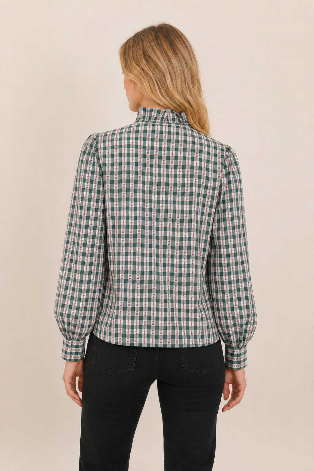 Blusa a Cuadros con Tapeta Asimétrica y Volante - 6093