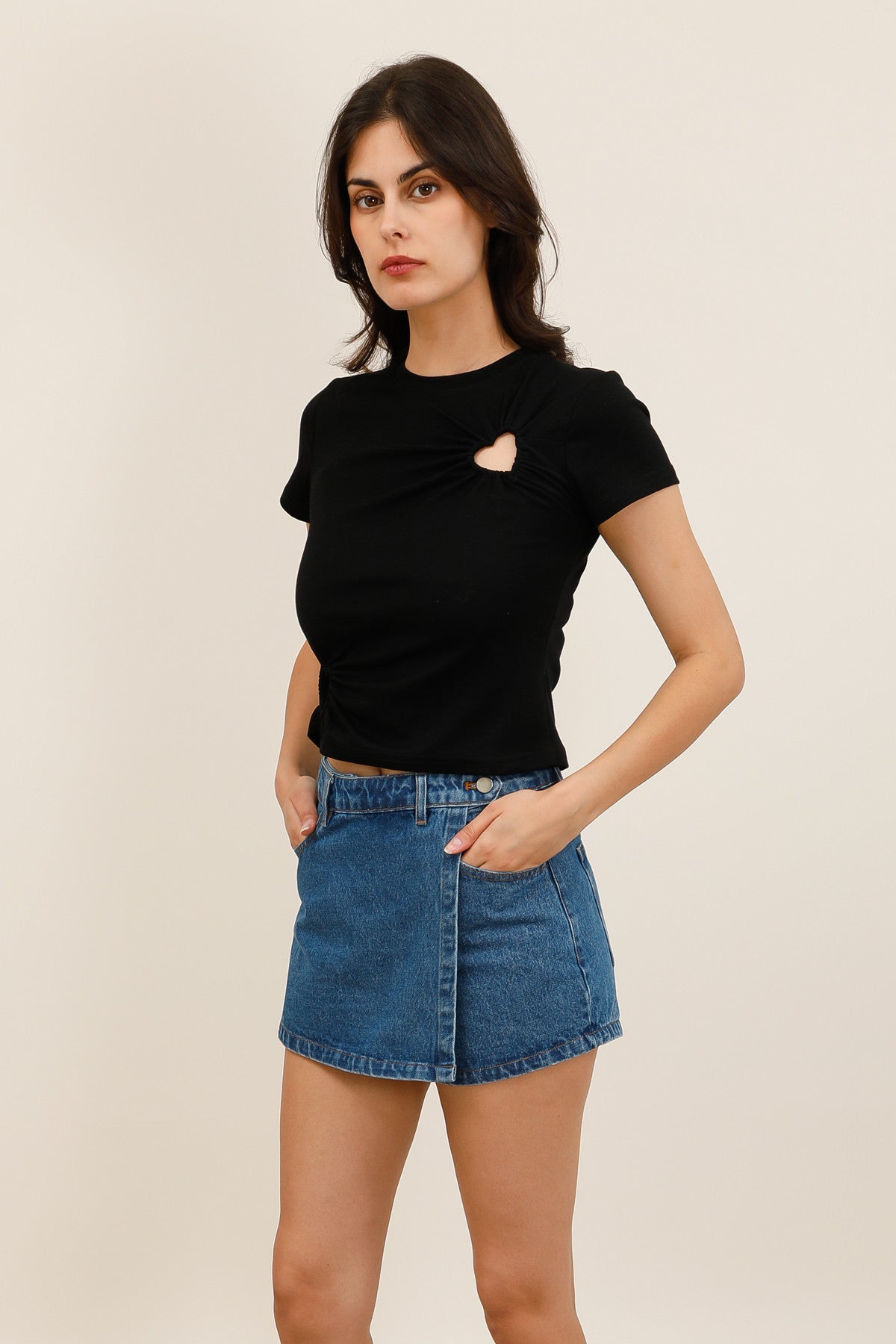 Women's denim skort with wrap-around skirt effect - 6098