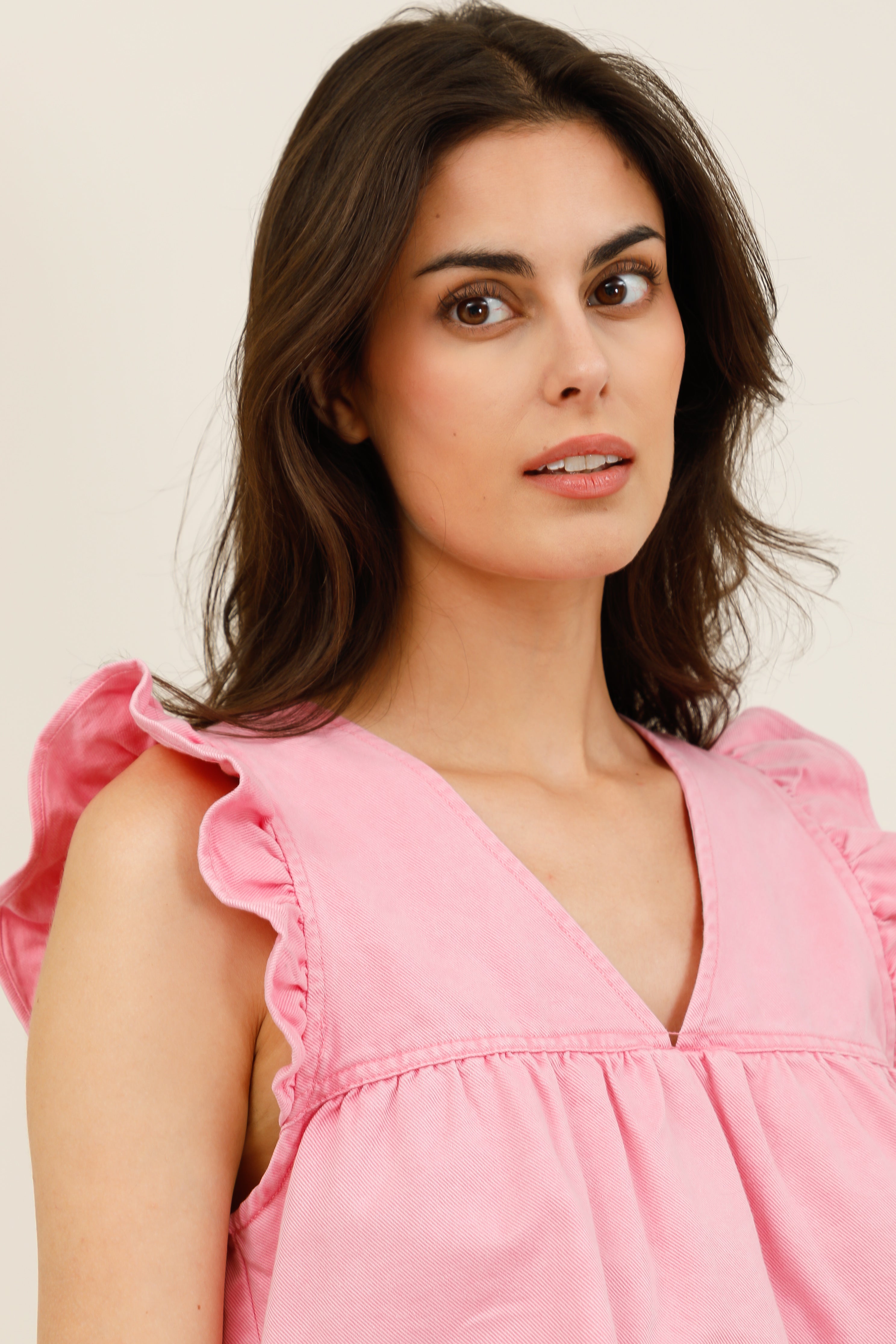 Top femme sans manches à volants et col V - 6107