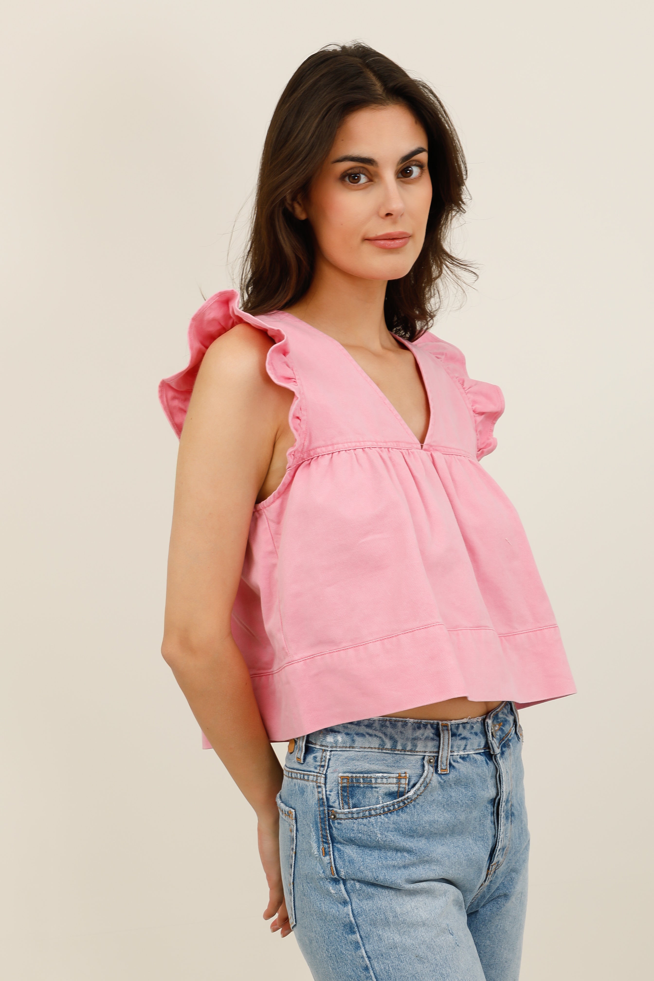 Top femme sans manches à volants et col V - 6107