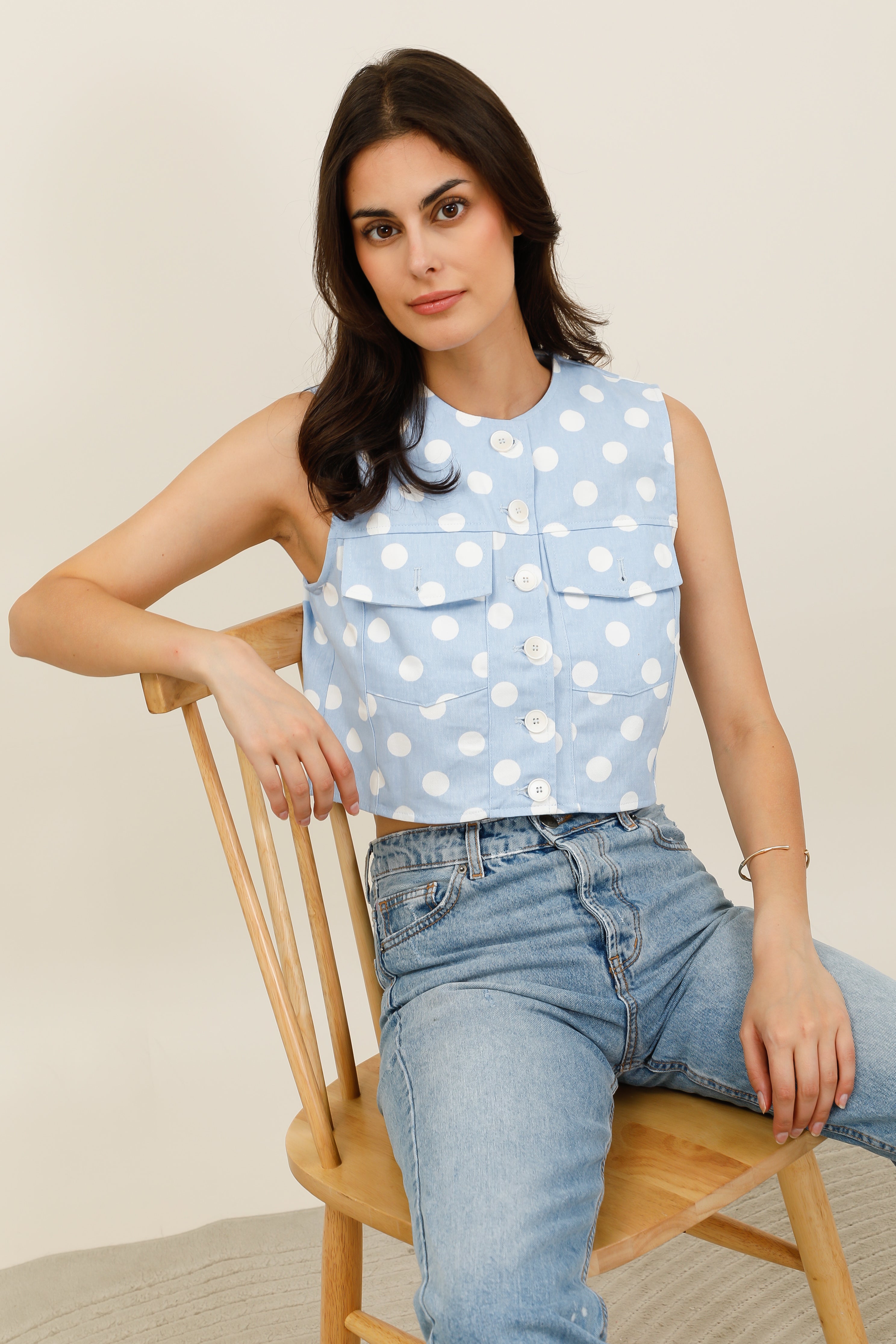 Top femme sans manches à pois avec poches poitrine et boutons fantaisie style rétro - 6115