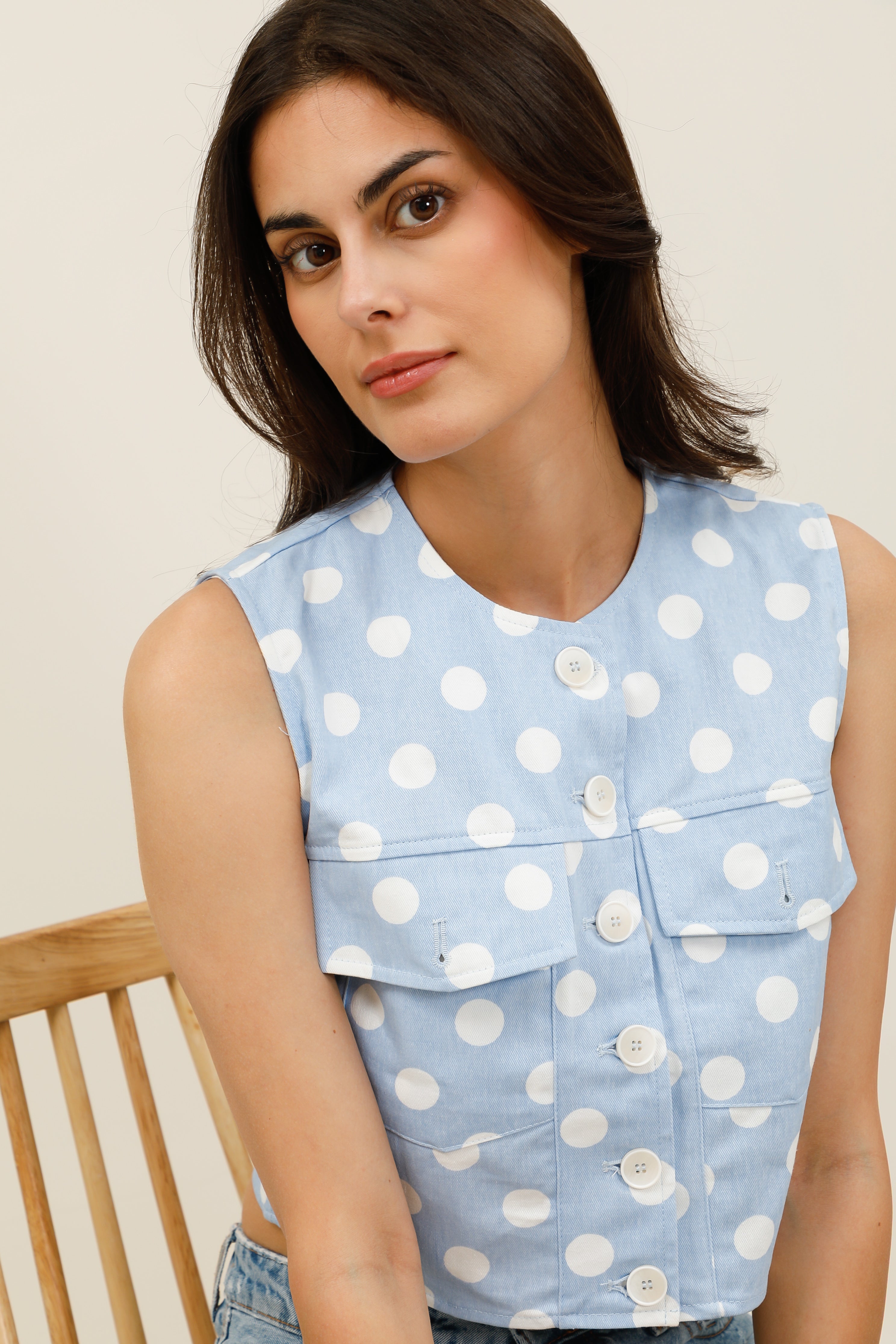 Top femme sans manches à pois avec poches poitrine et boutons fantaisie style rétro - 6115