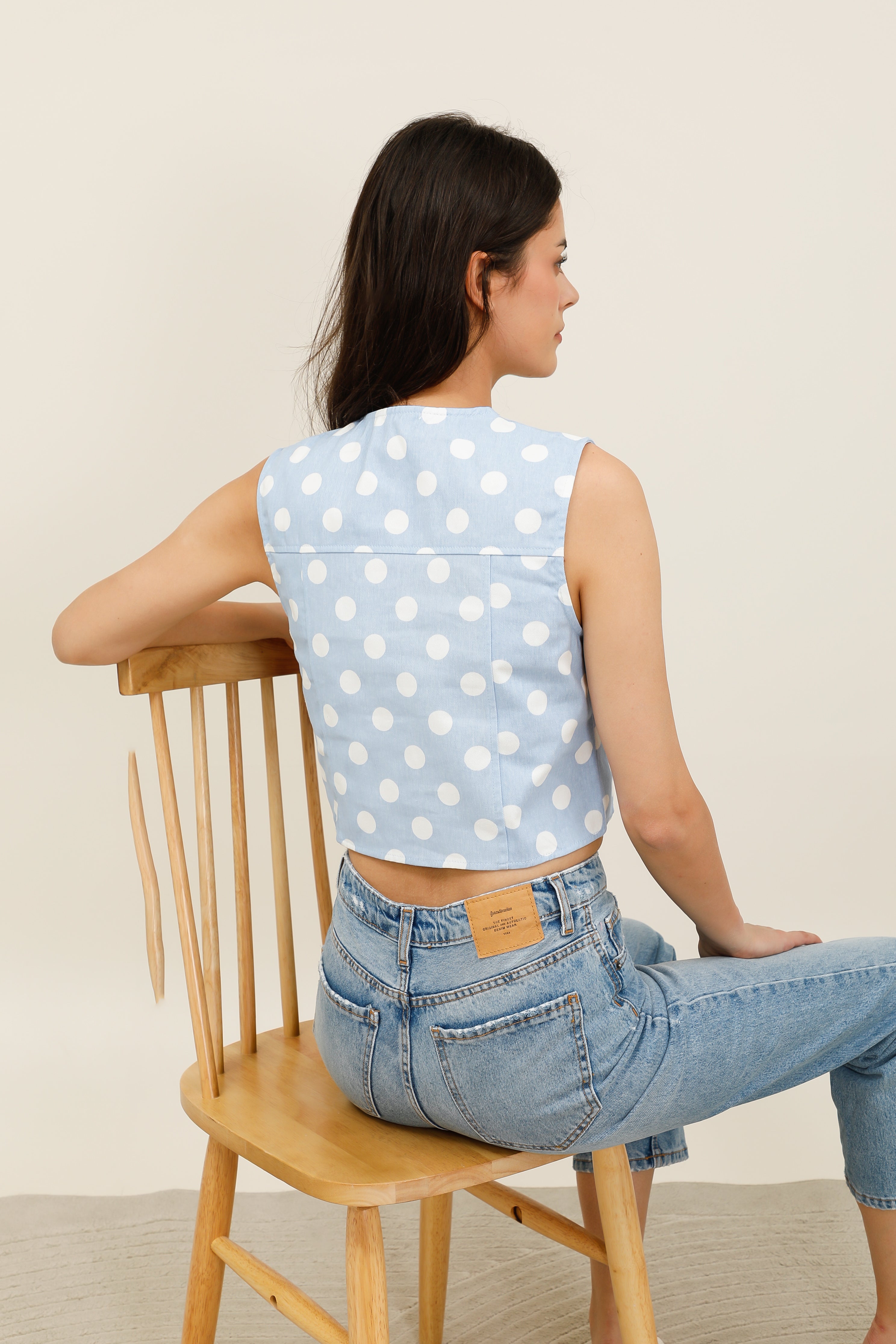Top femme sans manches à pois avec poches poitrine et boutons fantaisie style rétro - 6115