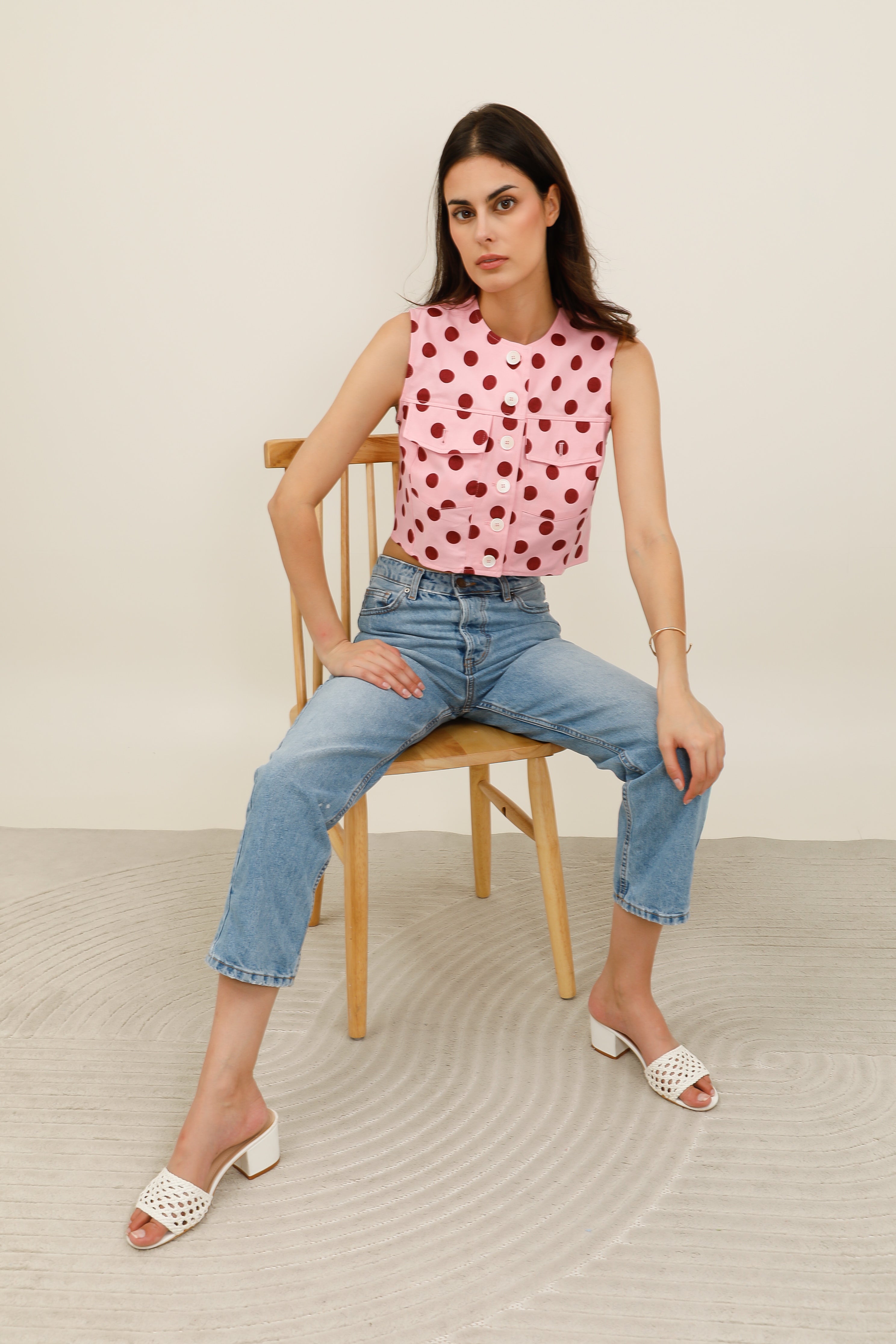 Top femme sans manches à pois avec poches poitrine et boutons fantaisie style rétro - 6115