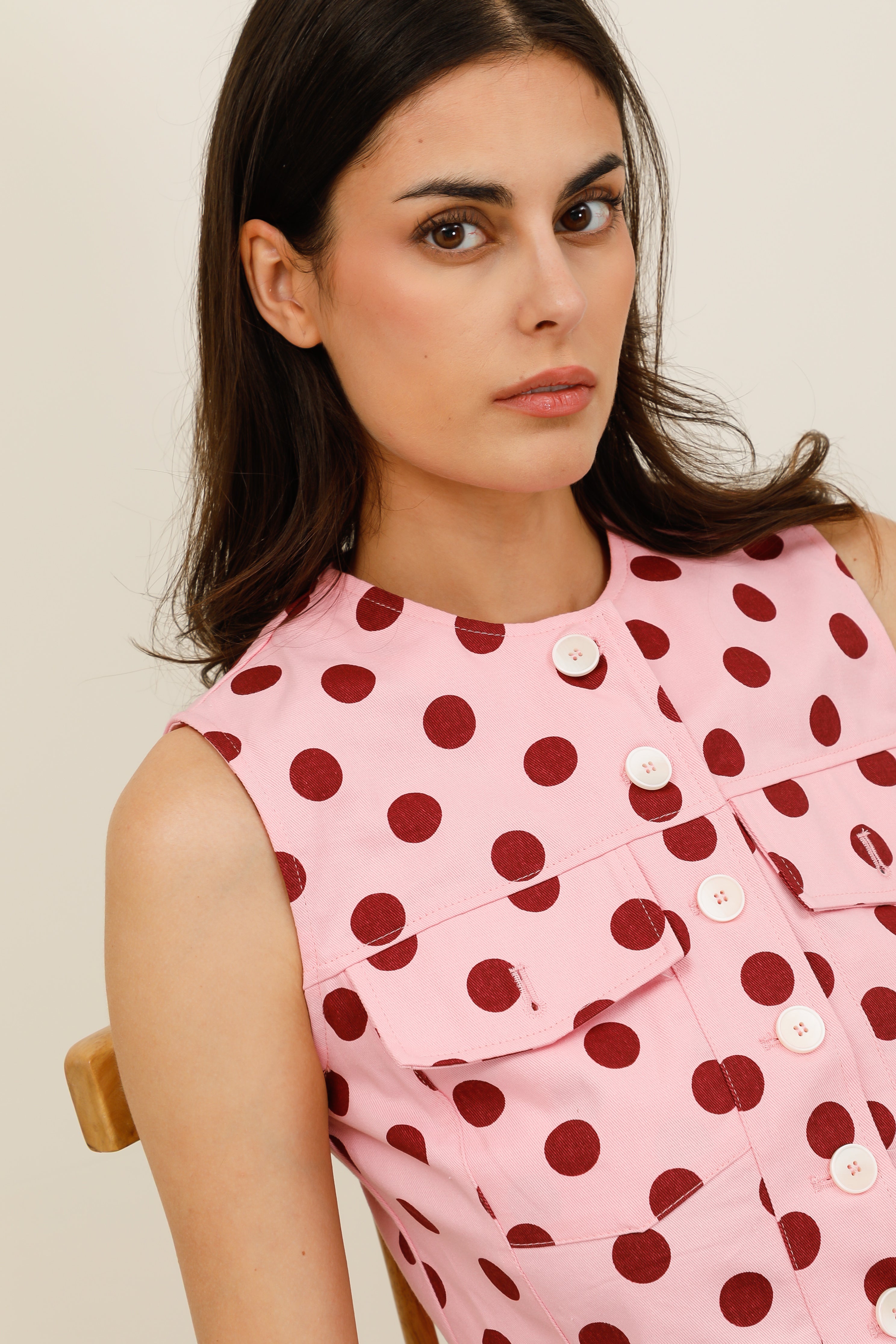 Top femme sans manches à pois avec poches poitrine et boutons fantaisie style rétro - 6115