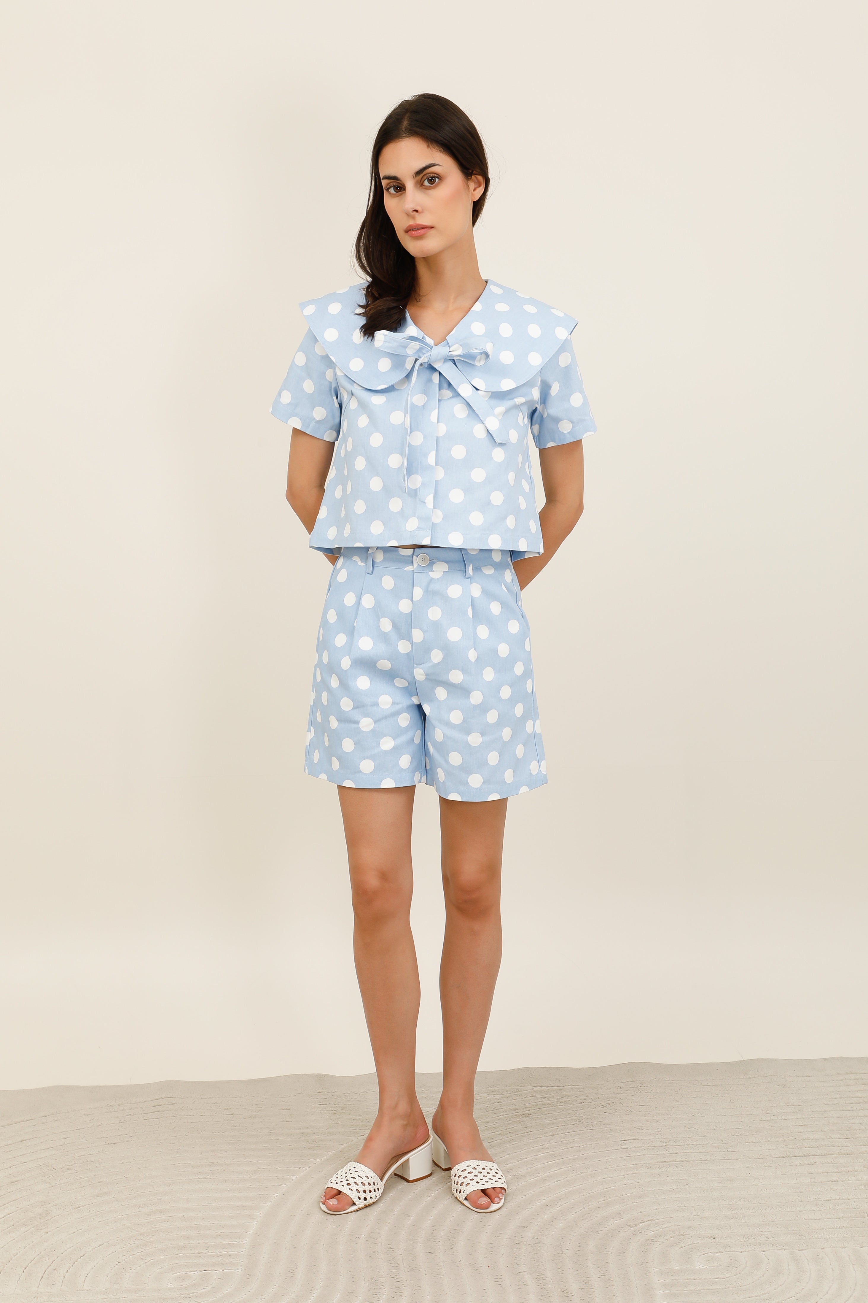 Women's sky blue high-waisted shorts with white polka dots, retro chic style - 6116