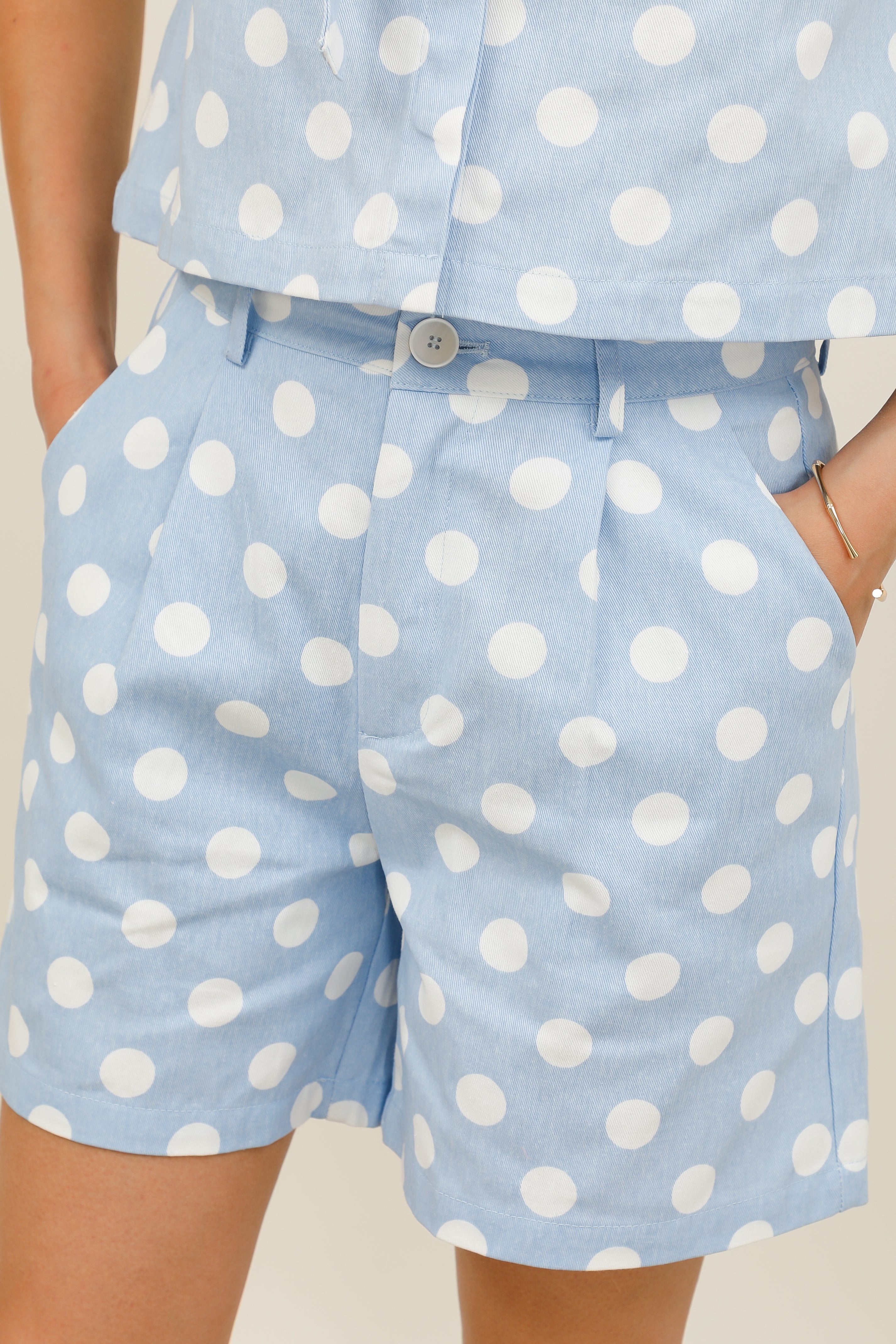Women's sky blue high-waisted shorts with white polka dots, retro chic style - 6116