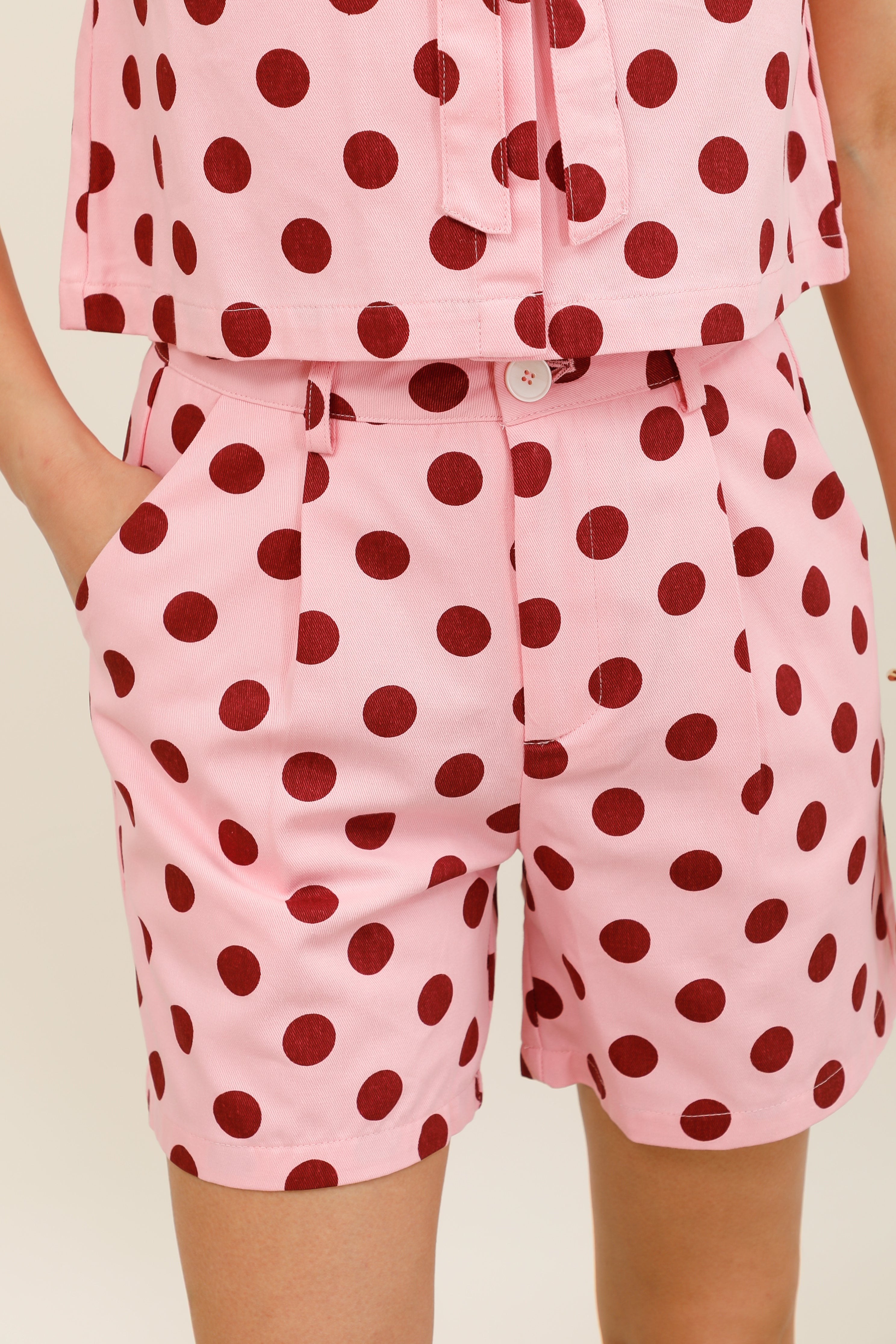 Women's sky blue high-waisted shorts with white polka dots, retro chic style - 6116