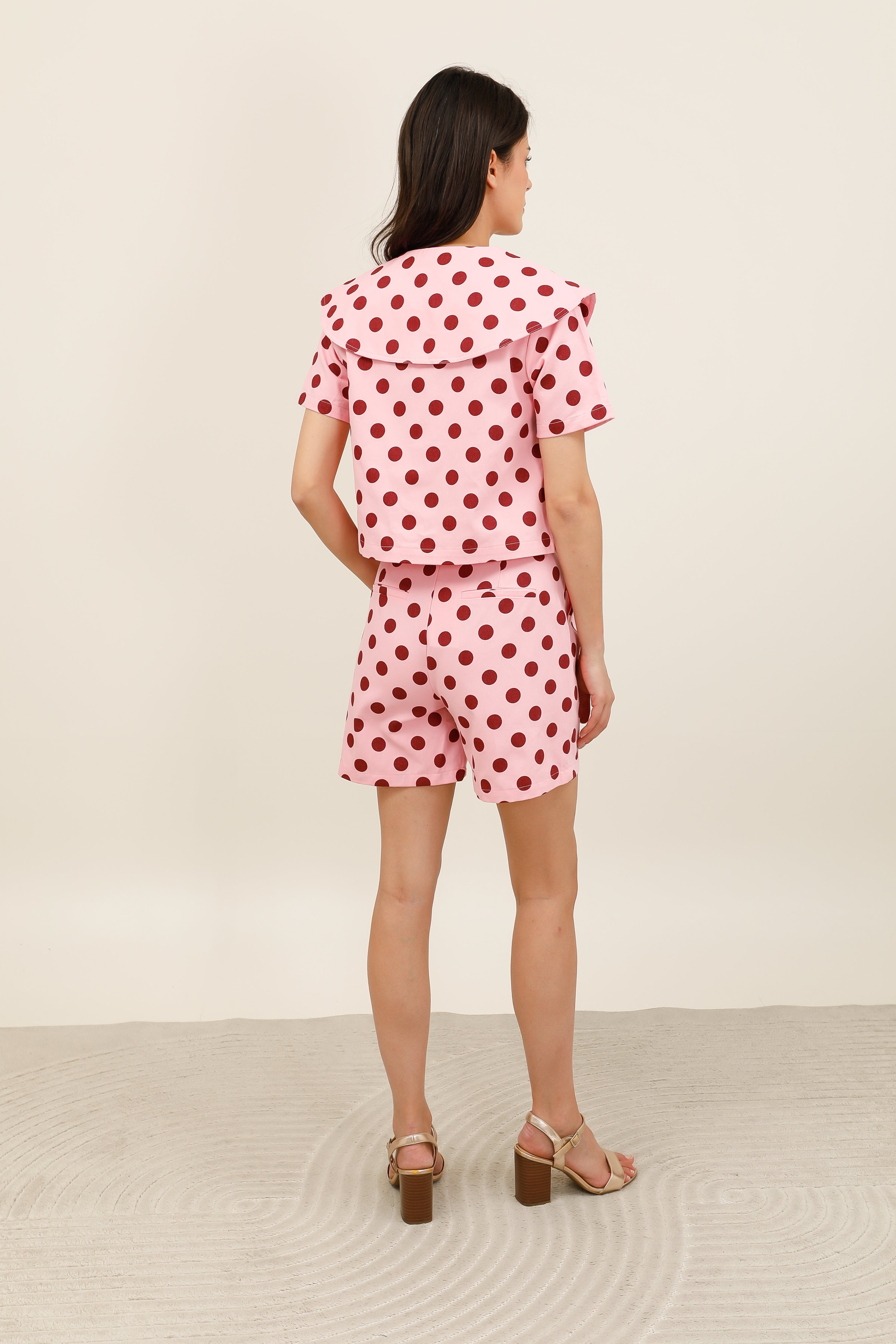 Women's sky blue high-waisted shorts with white polka dots, retro chic style - 6116
