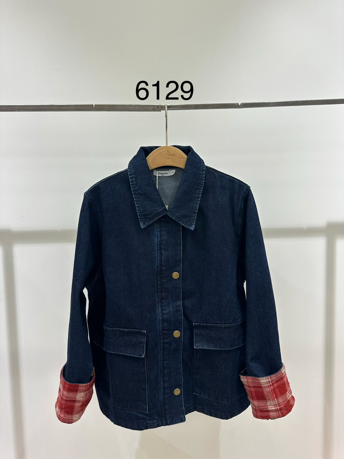Contrast Plaid Lapel Denim Jacket - 6129