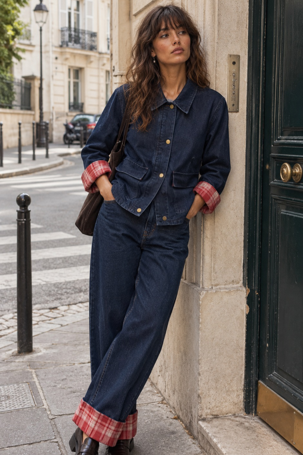 Jean Large à Revers Carreaux Contrastants - 6130