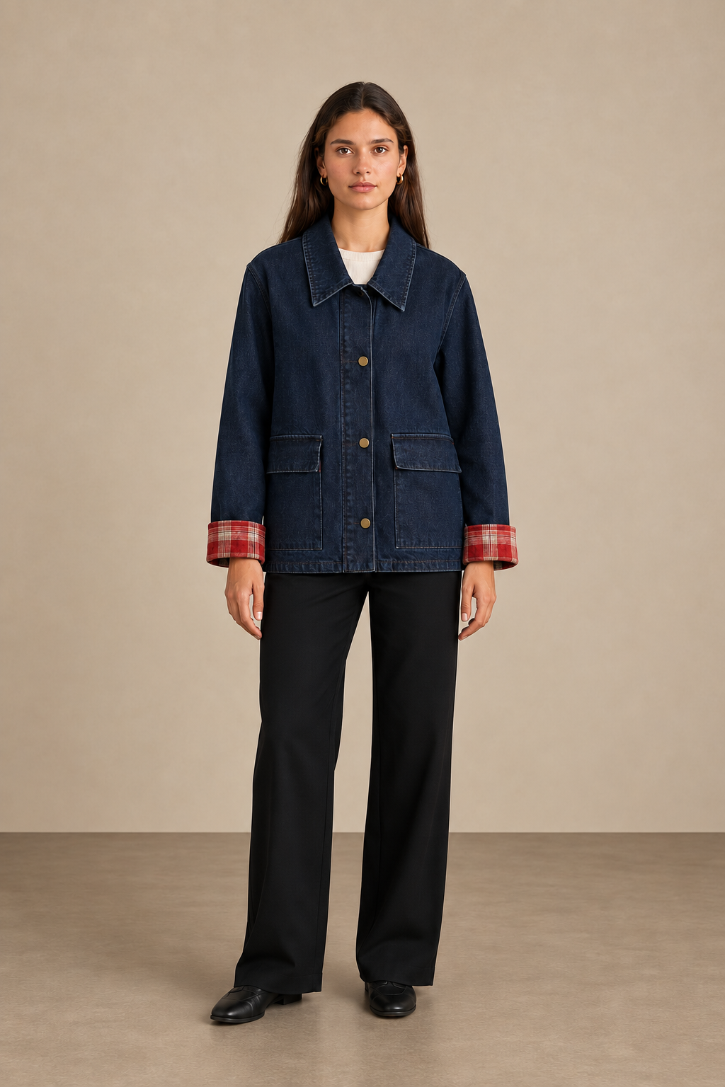 Contrast Plaid Lapel Denim Jacket - 6129