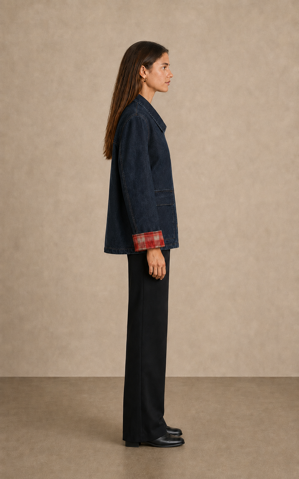 Contrast Plaid Lapel Denim Jacket - 6129