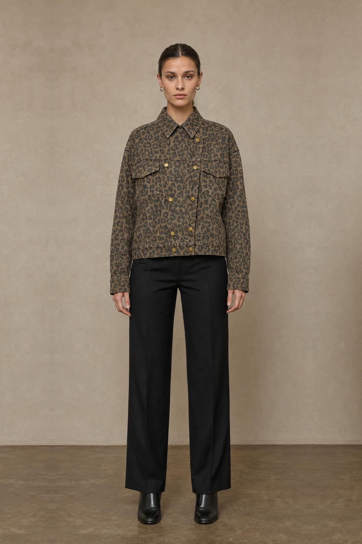 Chaqueta de Mezclilla Leopardo de Doble Botonadura para Mujer - 6132