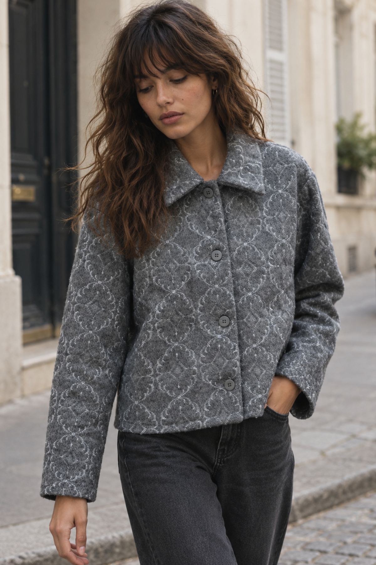Women's Short Jacket in Ornamental Pattern Wool - 6138